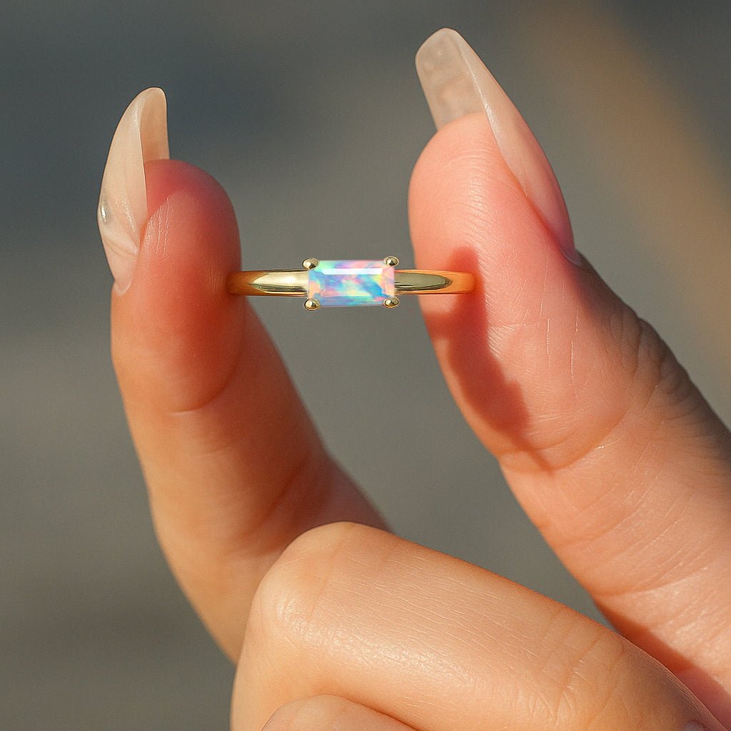 Natural White Opal SINGLE BAGUETTE STONE SOLITAIRE RING - Goodstone Jewels