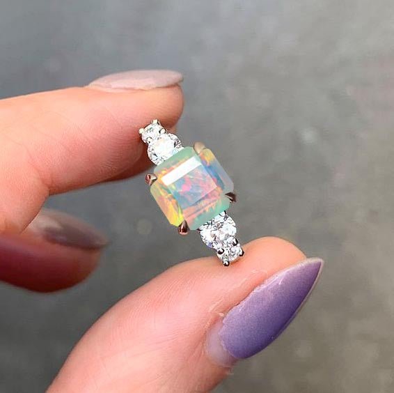 Natural White Opal Square Stone with Side Zircon Statement Ring - Goodstone Jewels