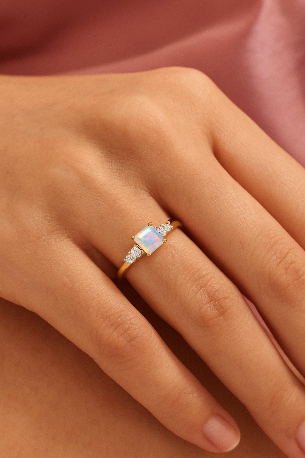 Natural White Opal Square Stone with Side Zircon Statement Ring - Goodstone Jewels