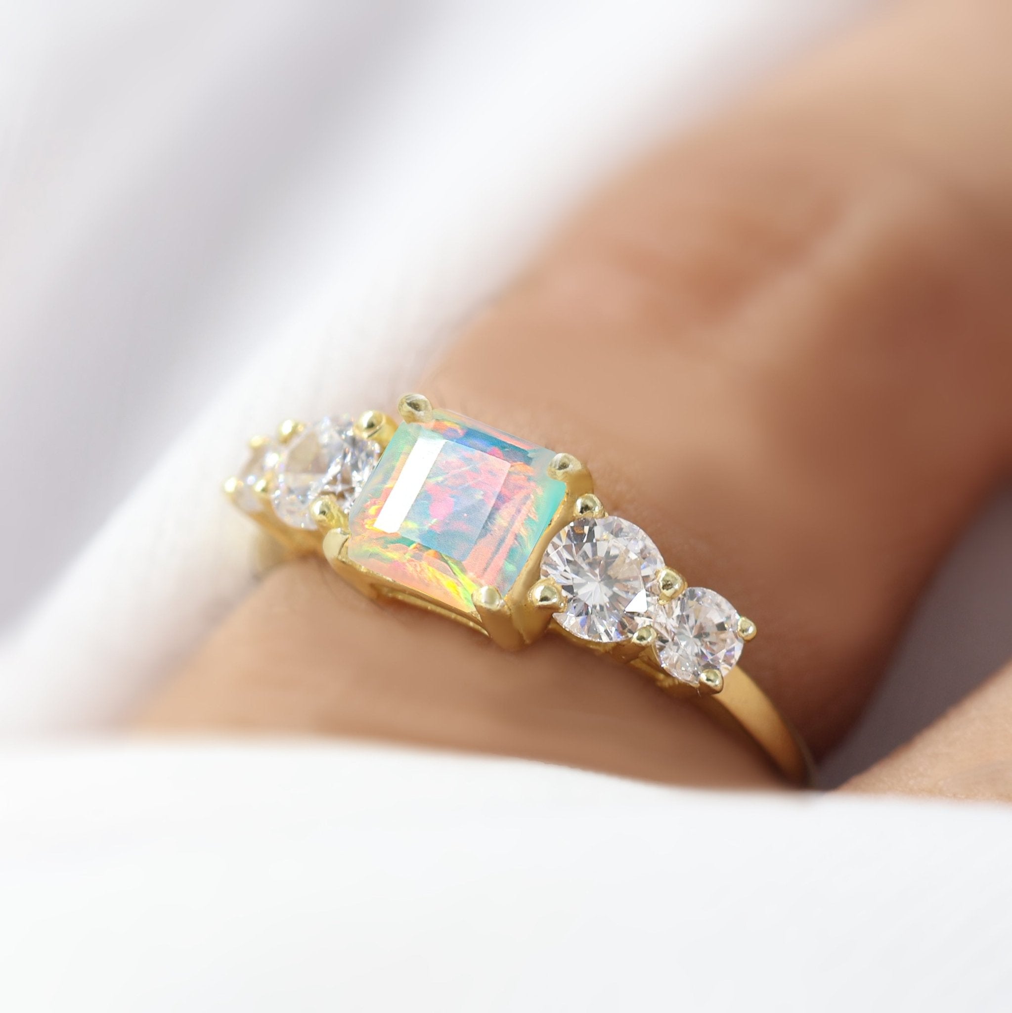 Natural White Opal Square Stone with Side Zircon Statement Ring - Goodstone Jewels