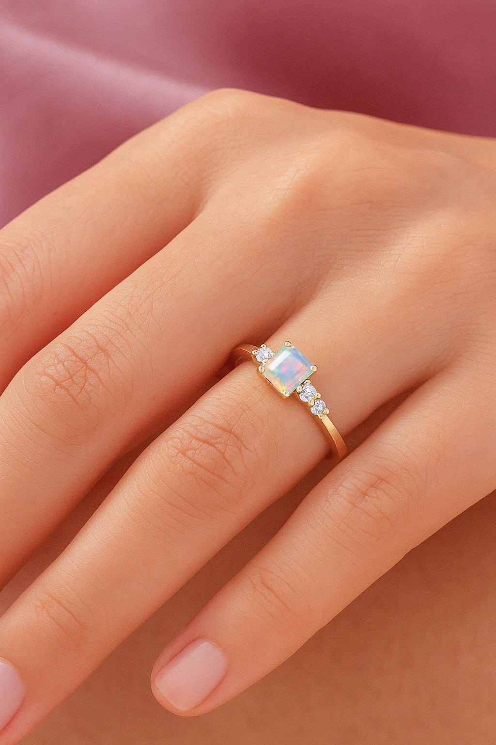 Natural White Opal Square Stone with Side Zircon Statement Ring - Goodstone Jewels