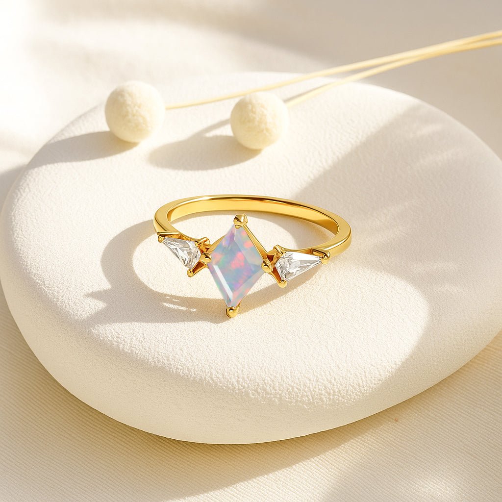 Natural White Opal Three Stone Ring Wedding, Anniversary, Promise Rings - Goodstone Jewels
