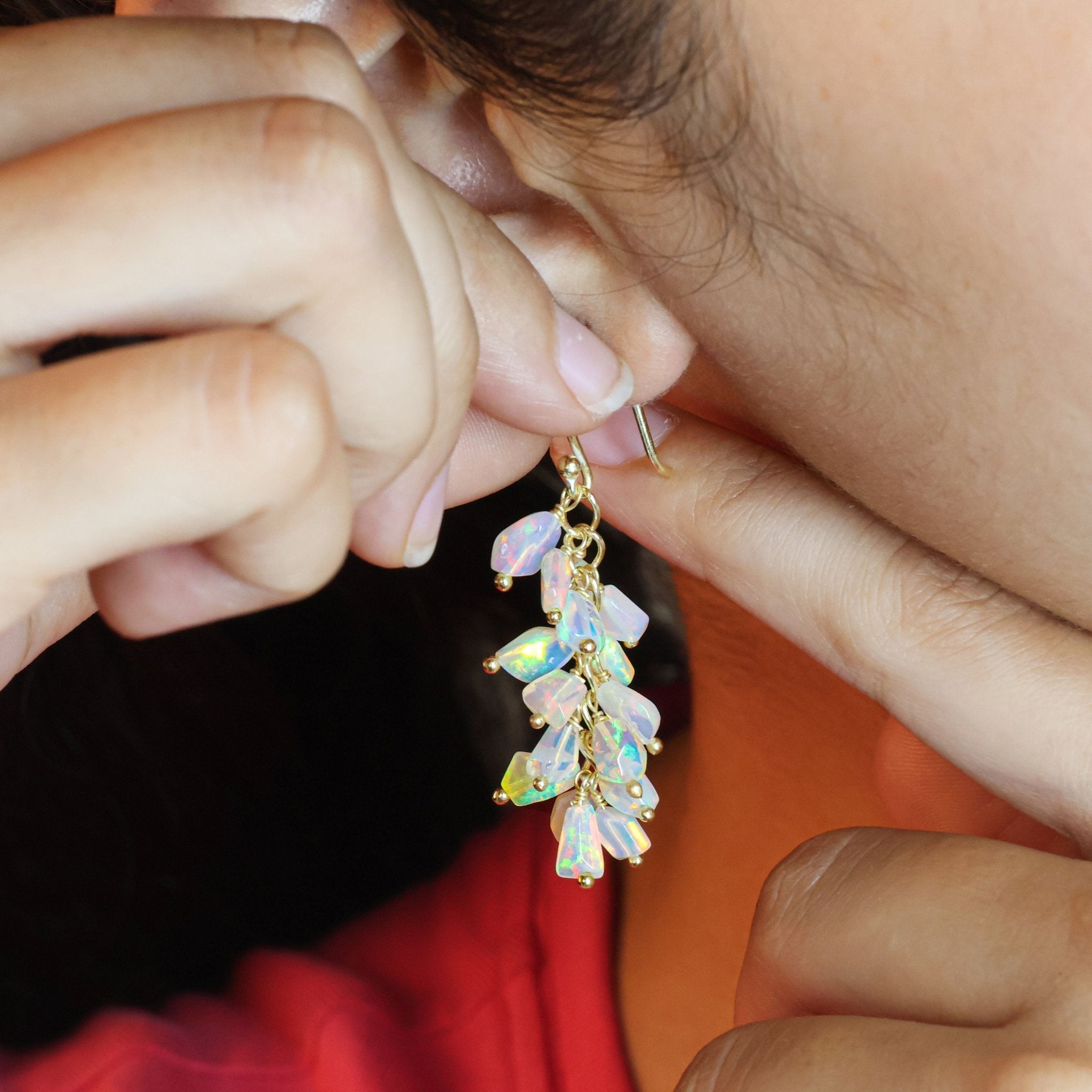 Natural White Opal Tumble Shape Beaded Cluster Earrings - Goodstone Jewels