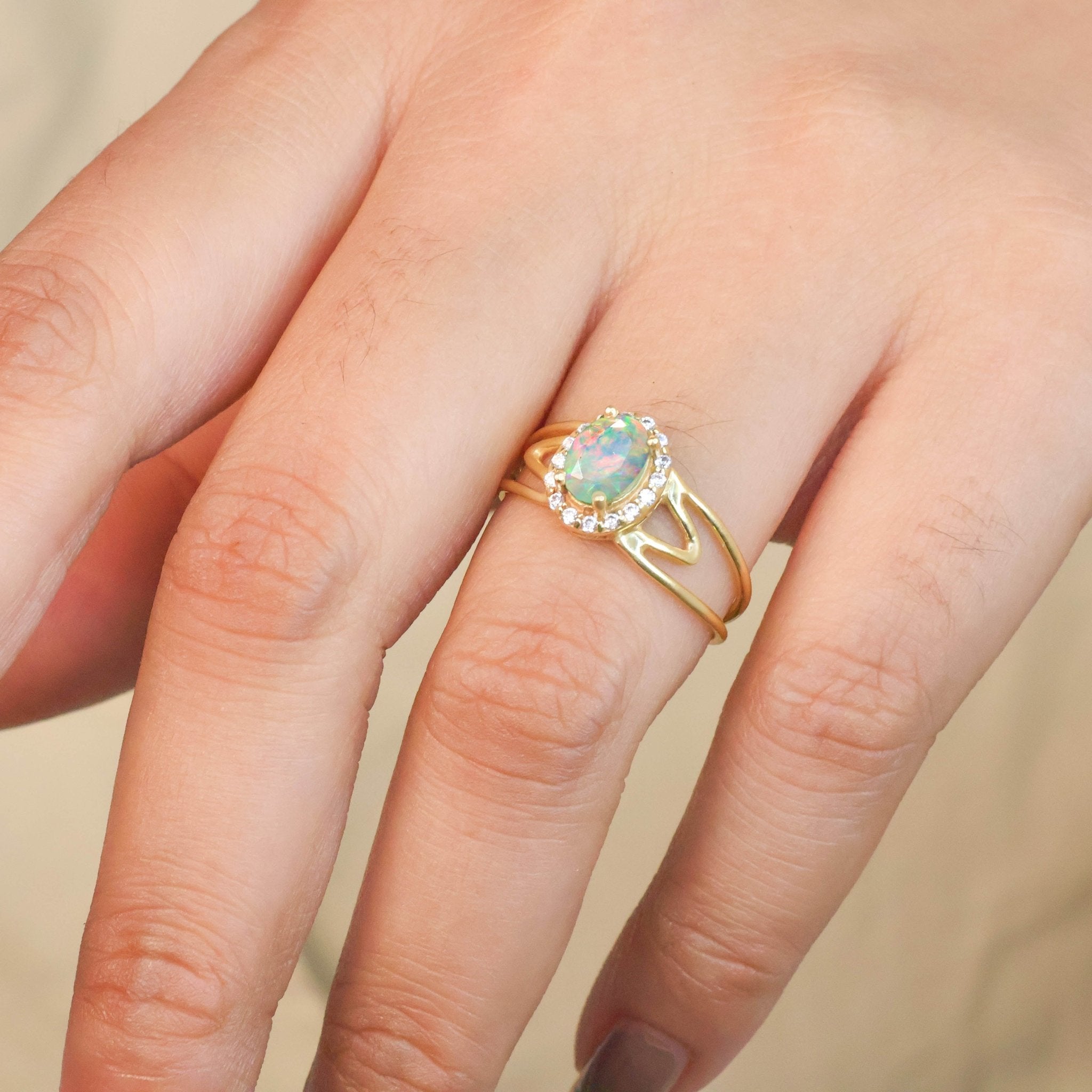 Natural White Opal & White Zircon Stackable Halo Ring - Goodstone Jewels