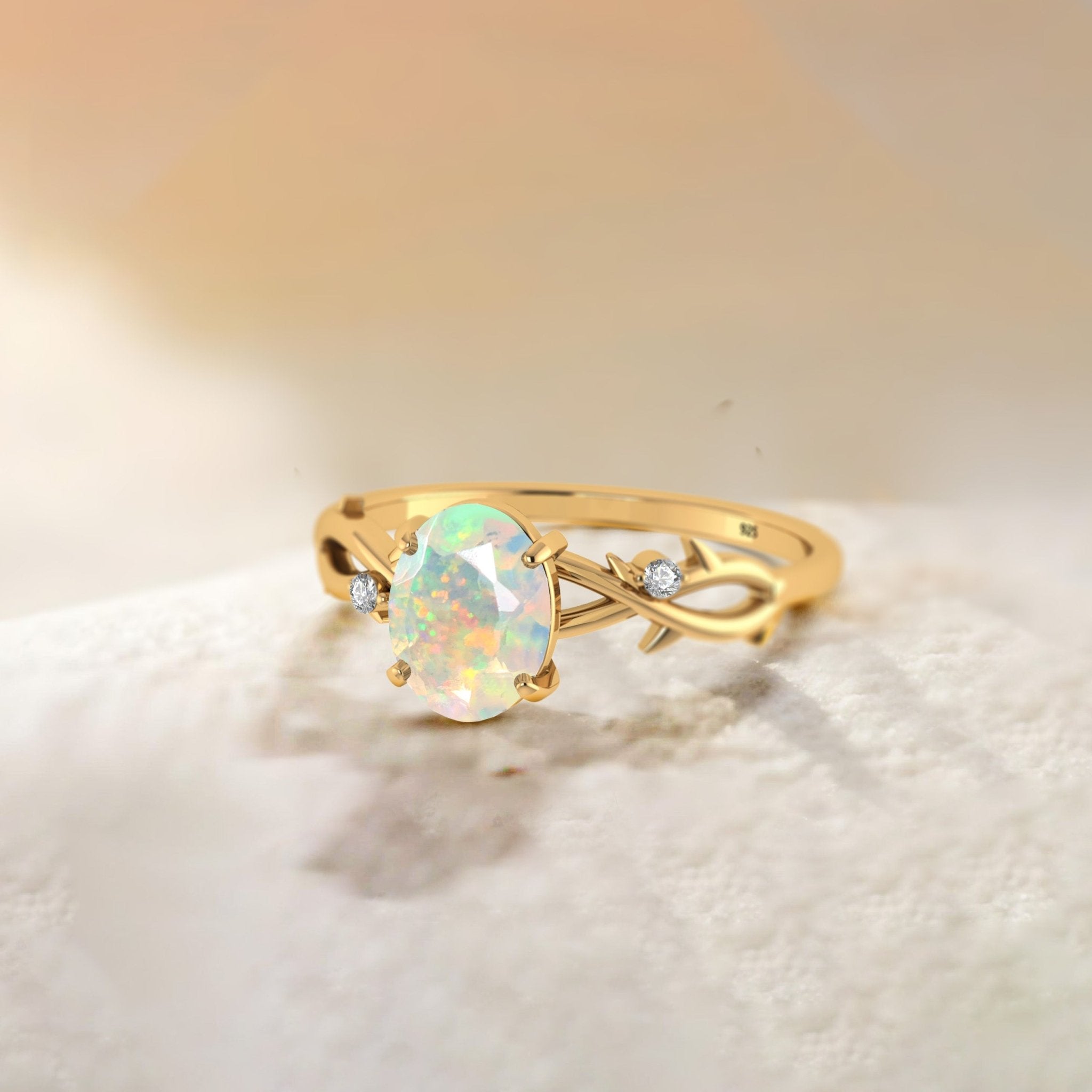 Natural White Opal with Side Stone Crossover Solitaire Ring - Goodstone Jewels