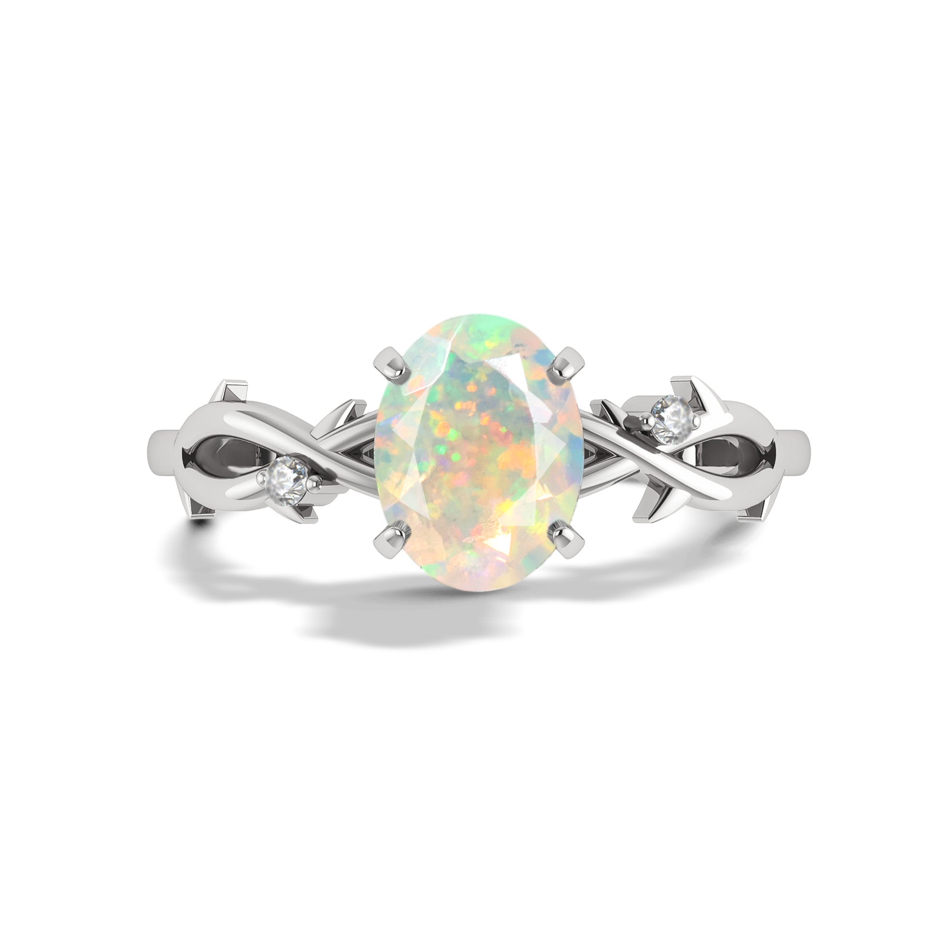 Natural White Opal with Side Stone Crossover Solitaire Ring - Goodstone Jewels