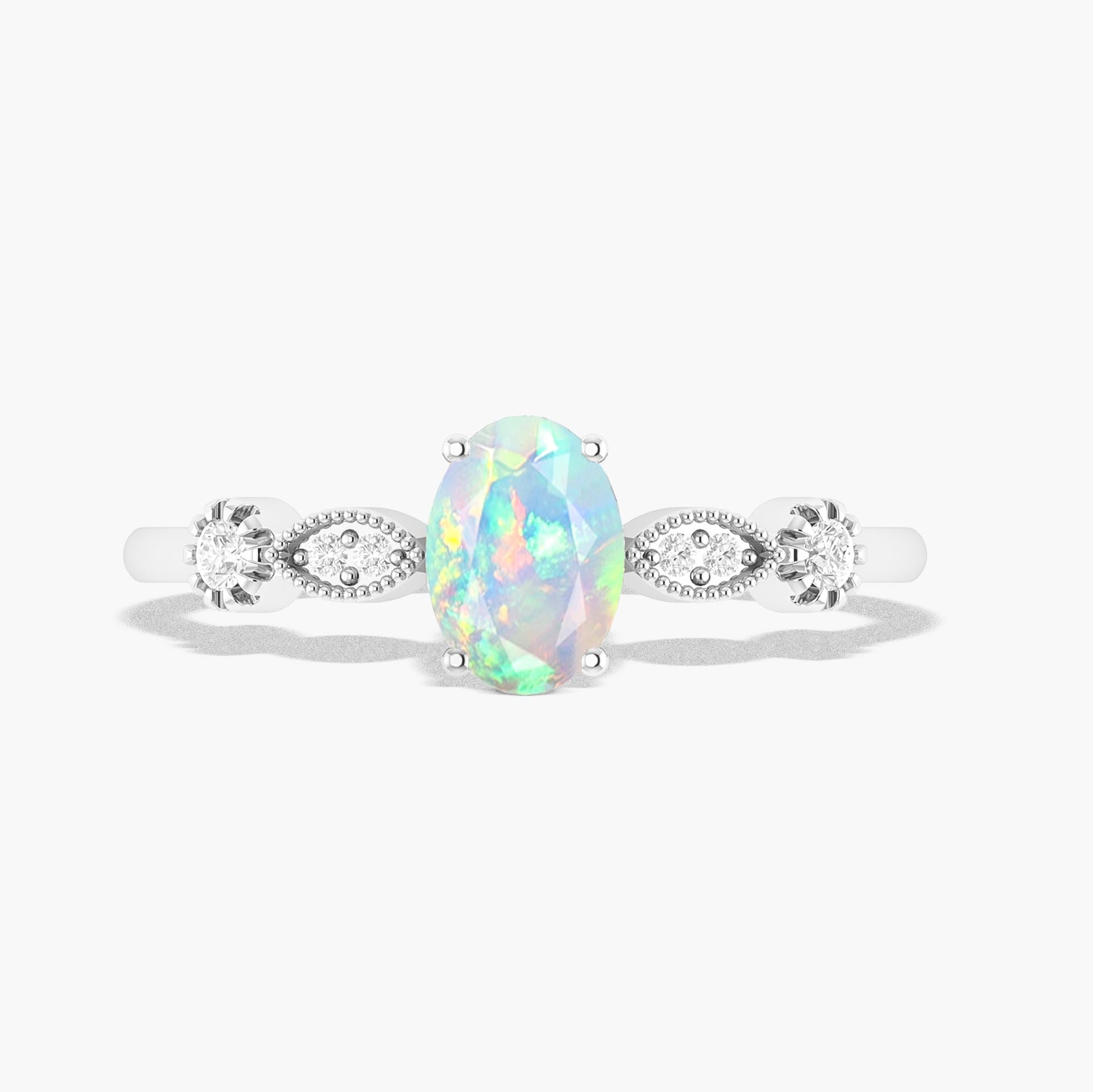 Natural White Opal with White Zircon Side Stone Solitaire Ring - Goodstone Jewels