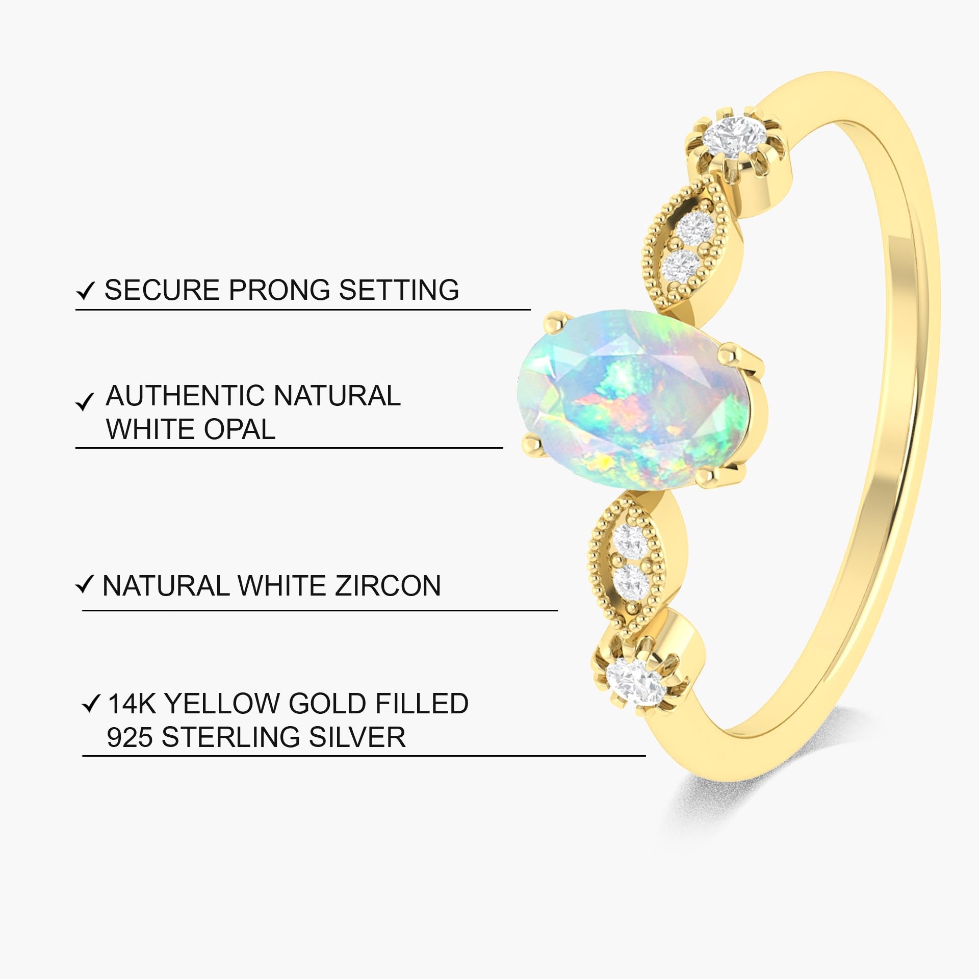 Natural White Opal with White Zircon Side Stone Solitaire Ring - Goodstone Jewels