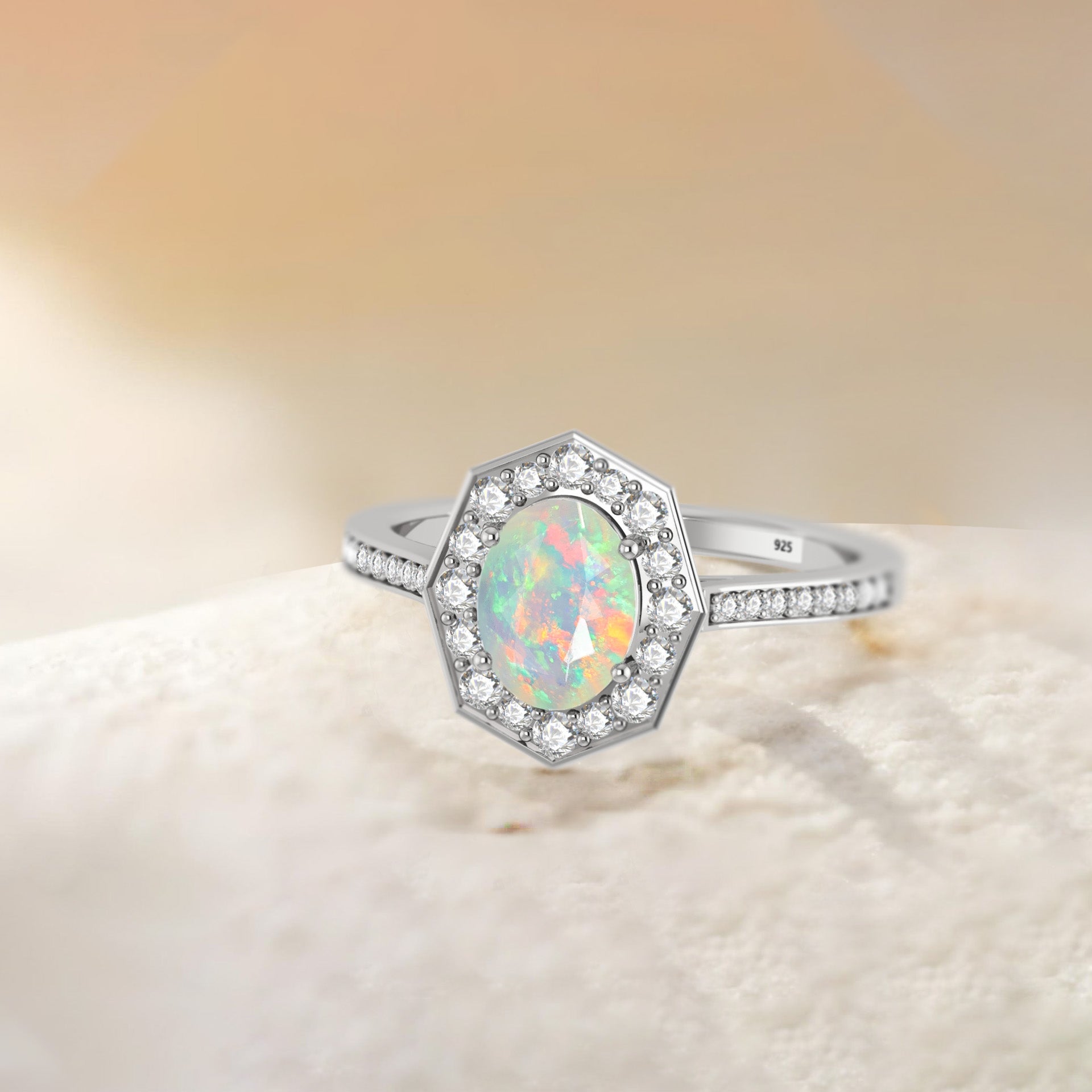 Natural White Opal with Zircon Engagement Halo Ring - Goodstone Jewels