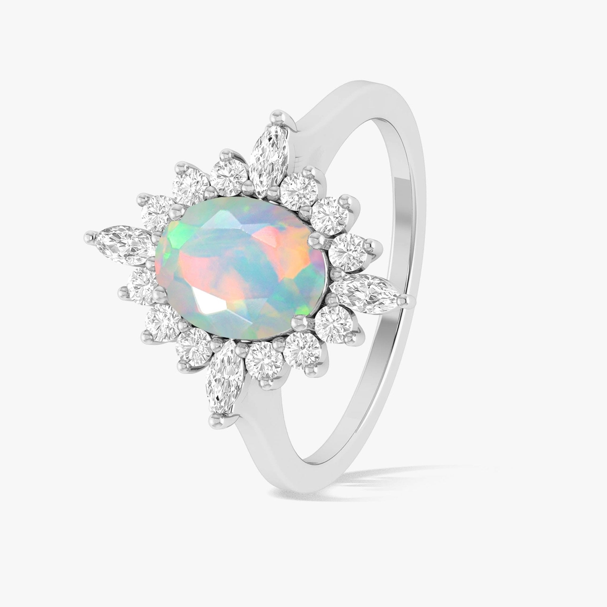 Natural White Opal with Zircon Halo Ring in Silver & Yellow Gold Filled - Goodstone Jewels