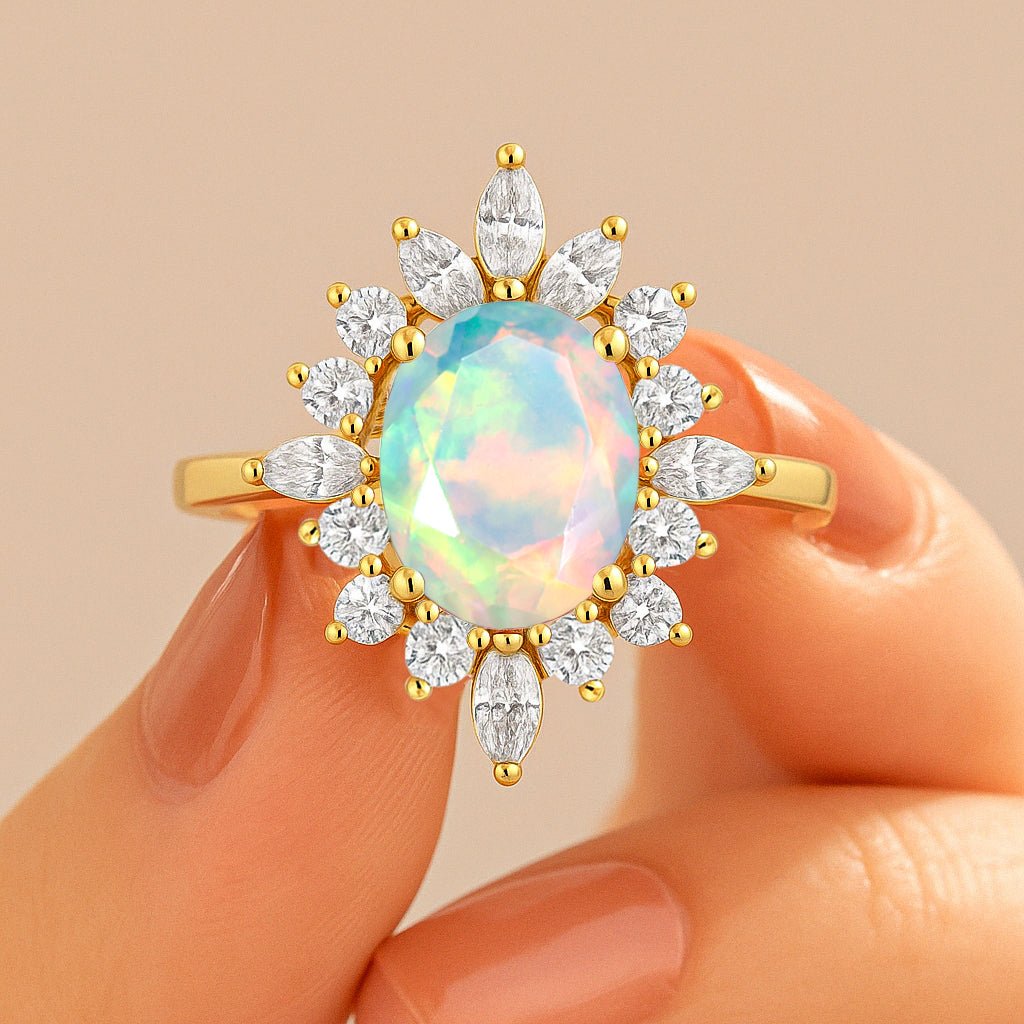 Natural White Opal with Zircon Halo Ring in Silver & Yellow Gold Filled - Goodstone Jewels