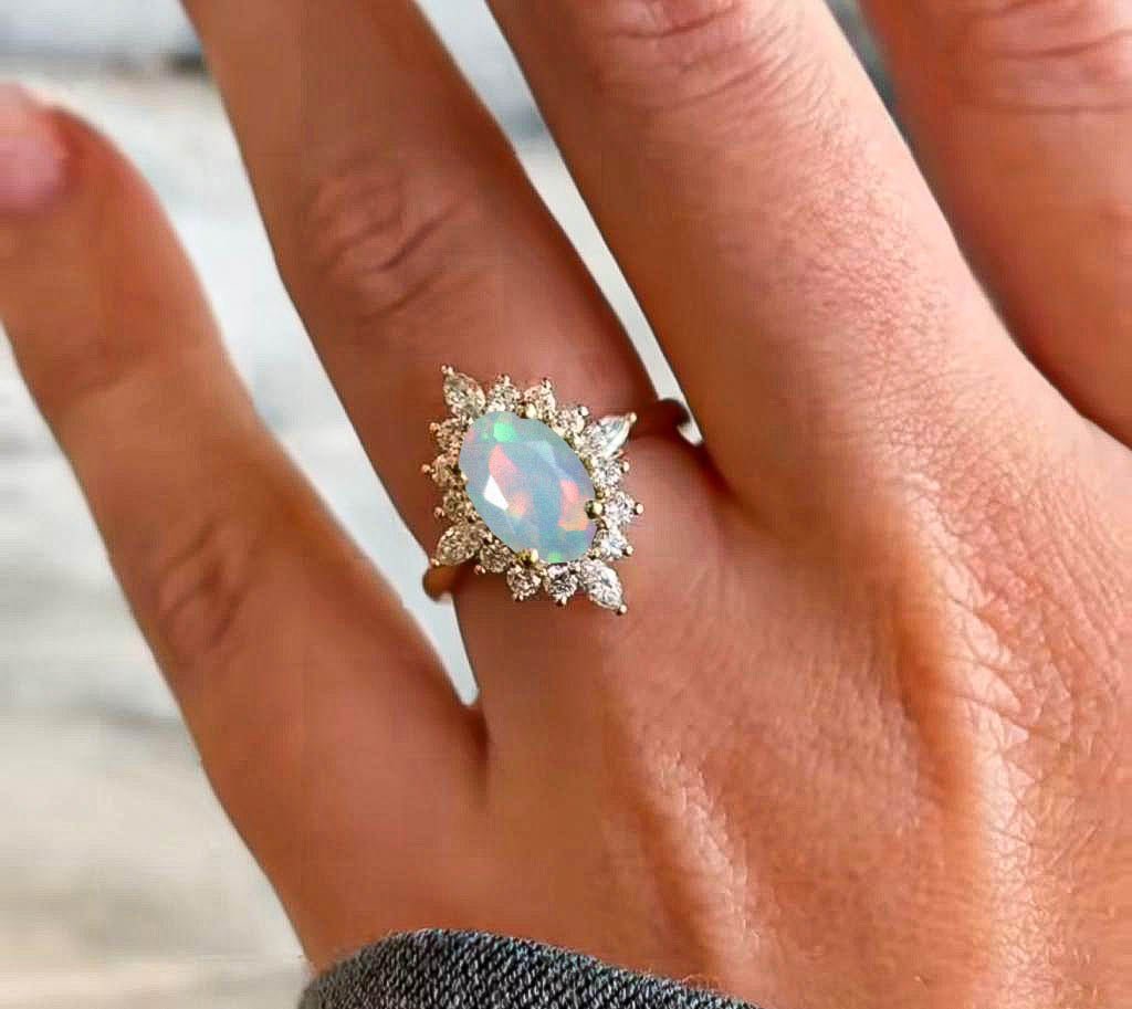 Natural White Opal with Zircon Halo Ring in Silver & Yellow Gold Filled - Goodstone Jewels