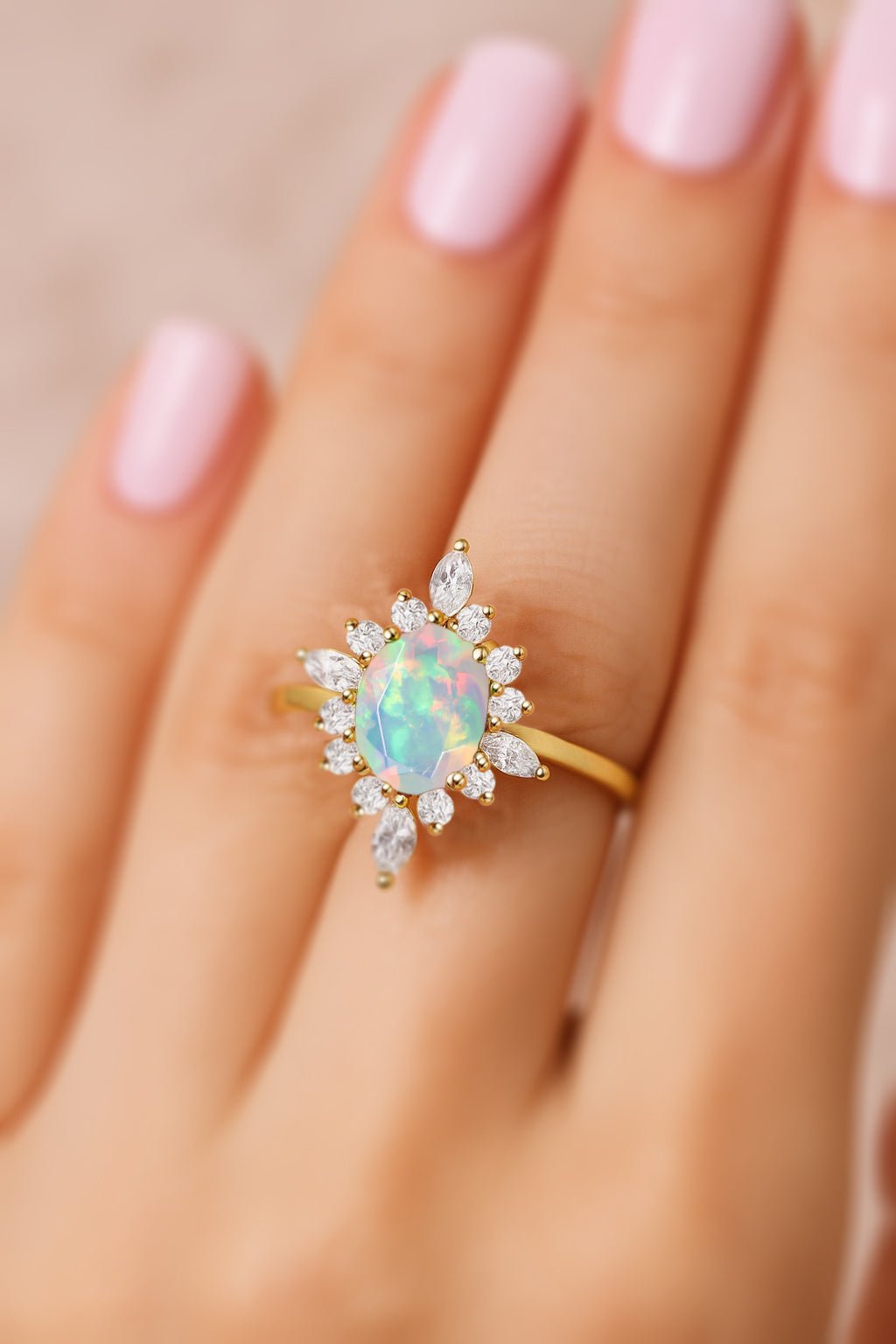 Natural White Opal with Zircon Halo Ring in Silver & Yellow Gold Filled - Goodstone Jewels