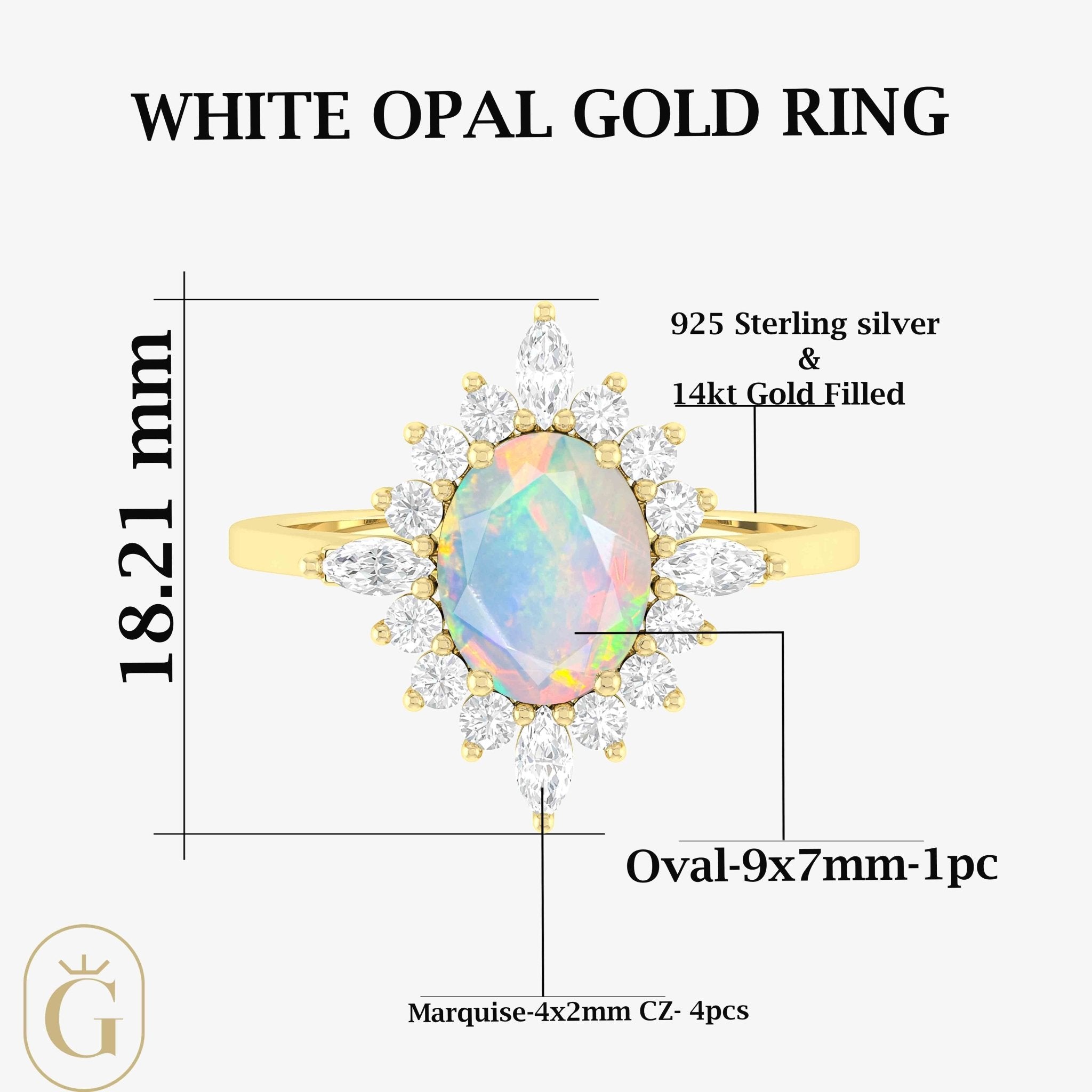 Natural White Opal with Zircon Halo Ring in Silver & Yellow Gold Filled - Goodstone Jewels