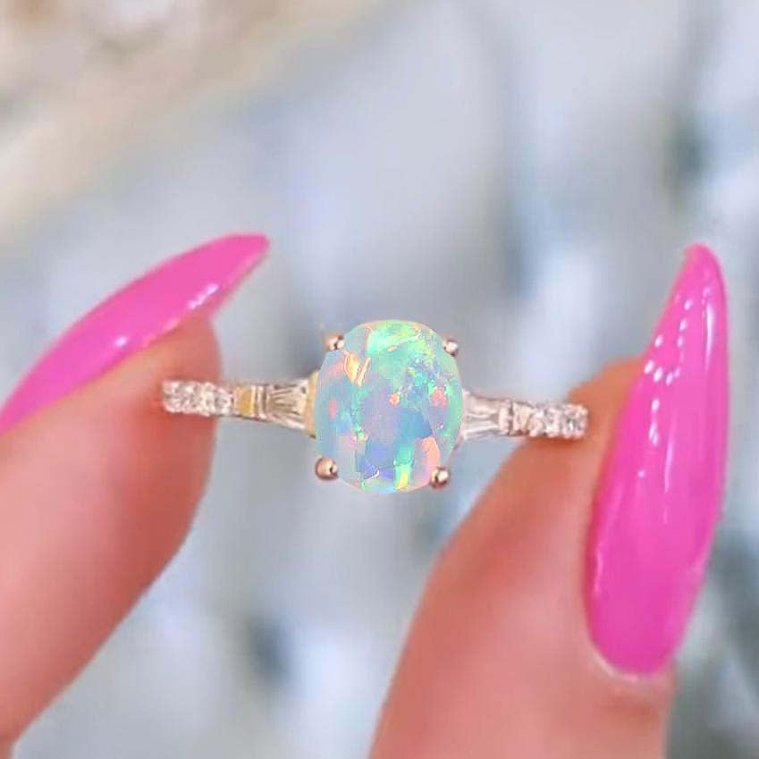 Natural White Opal with Zircon Three Stone Engagement Ring - Goodstone Jewels