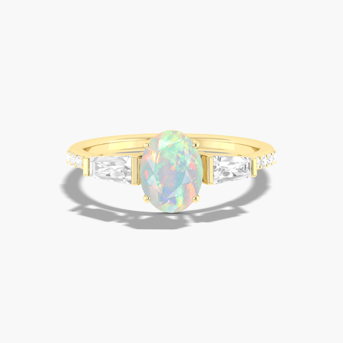 Natural White Opal with Zircon Three Stone Engagement Ring