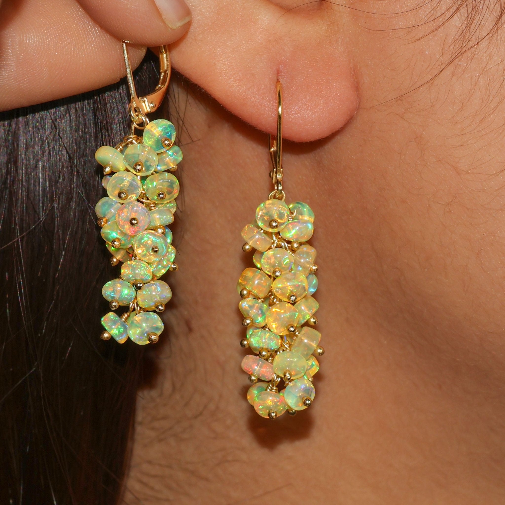 Natural Yellow Opal Beaded Cluster Dangle Earrings - Goodstone Jewels