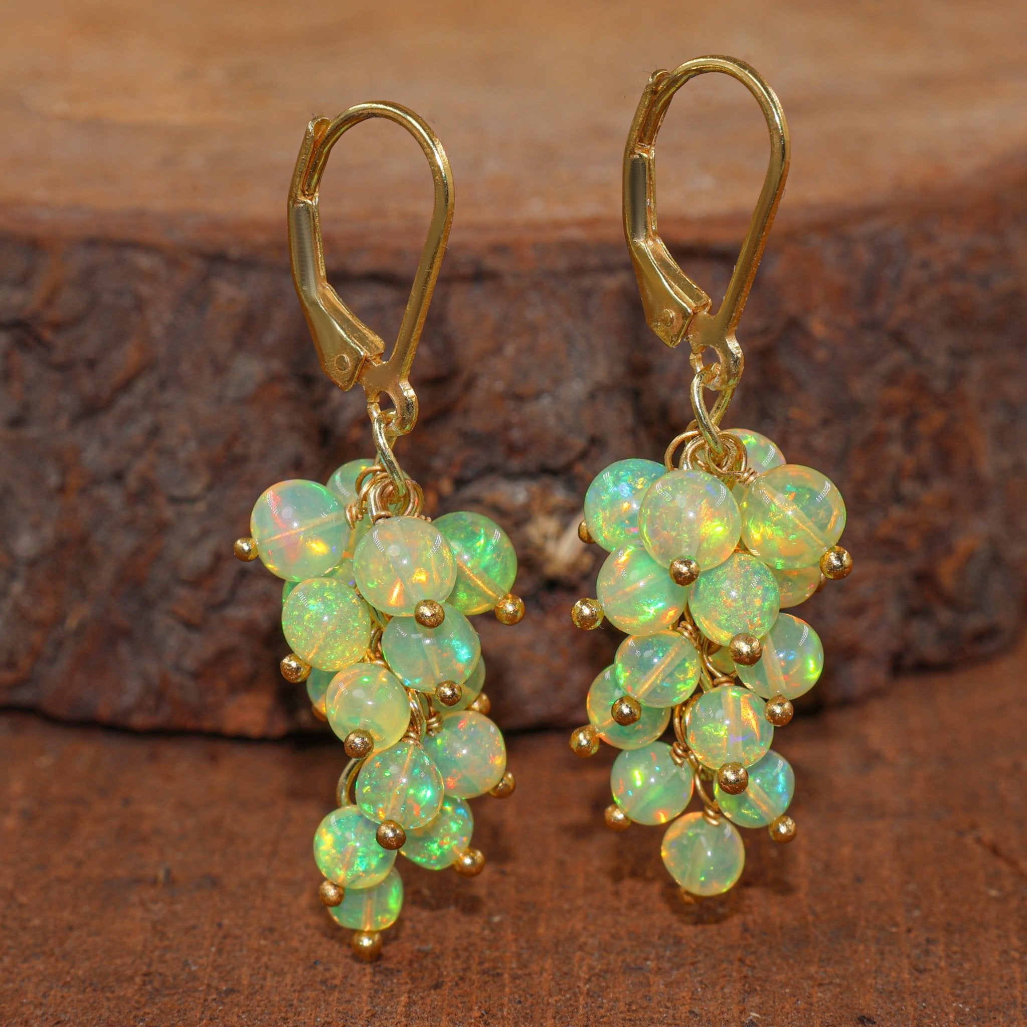 Natural Yellow Opal Round Beads Cluster Earrings for Her - Goodstone Jewels
