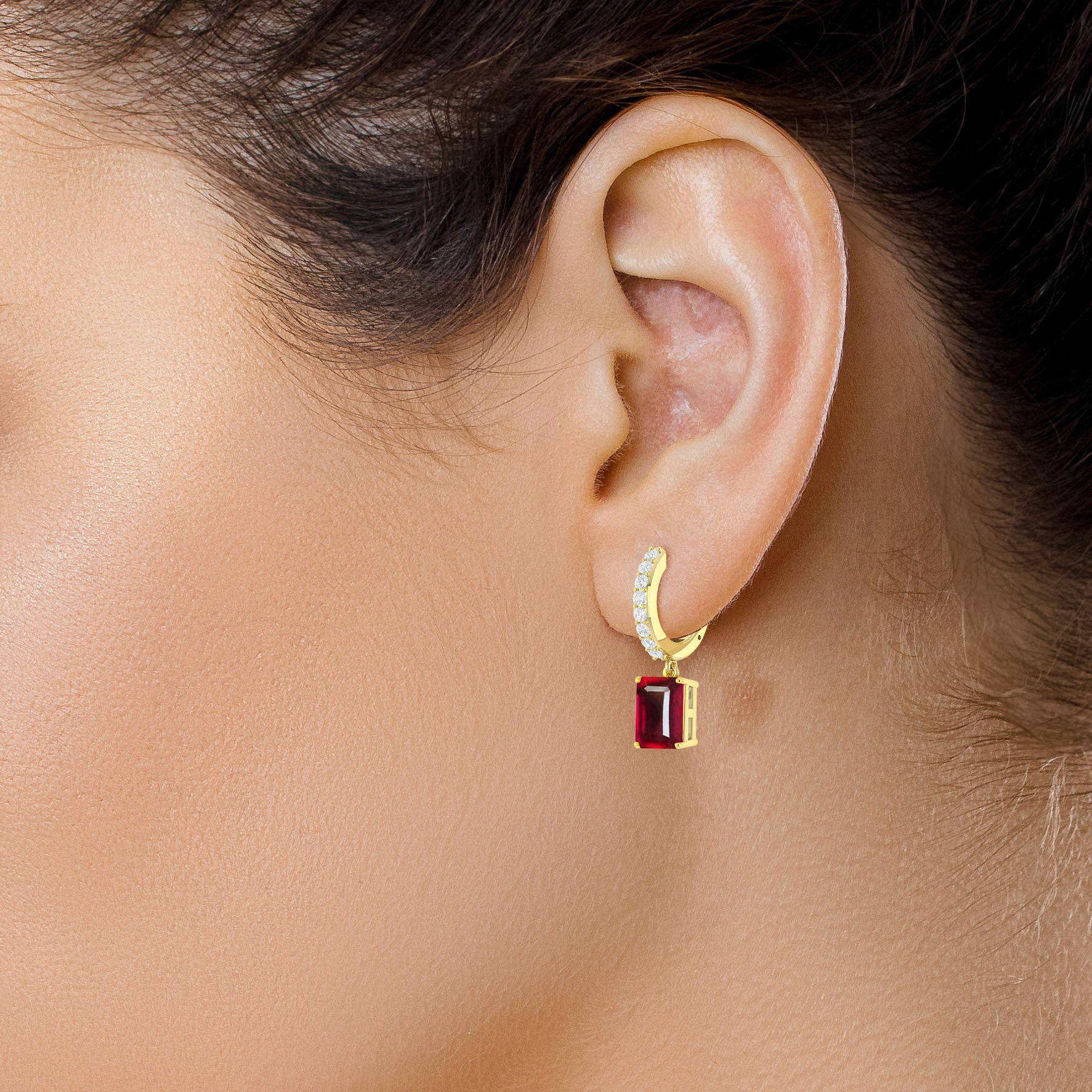 Octagon Red Ruby Drop Hoop Earrings - Goodstone Jewels