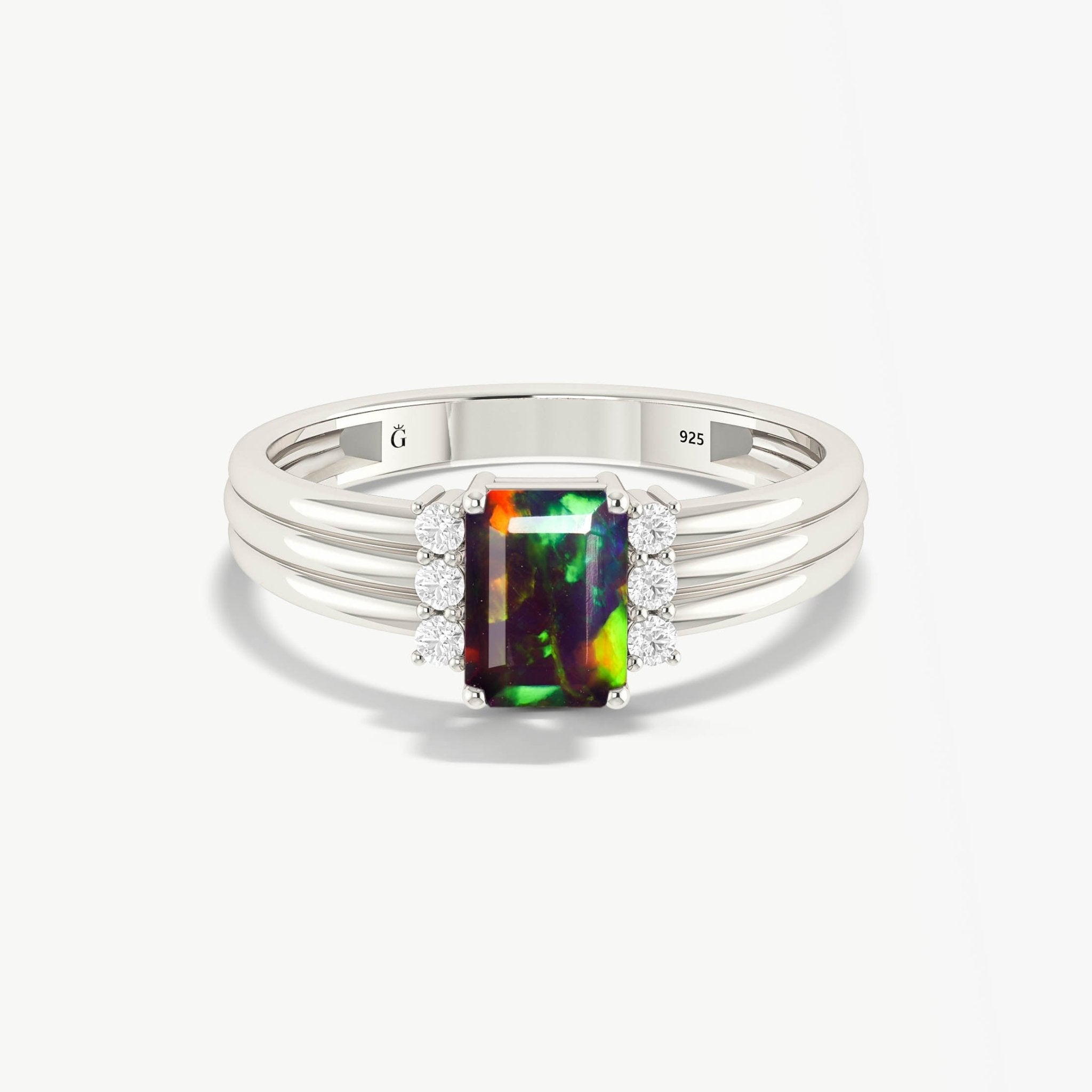 Octagon Shape Natural Black Opal Three Layer Wedding Ring - Goodstone Jewels
