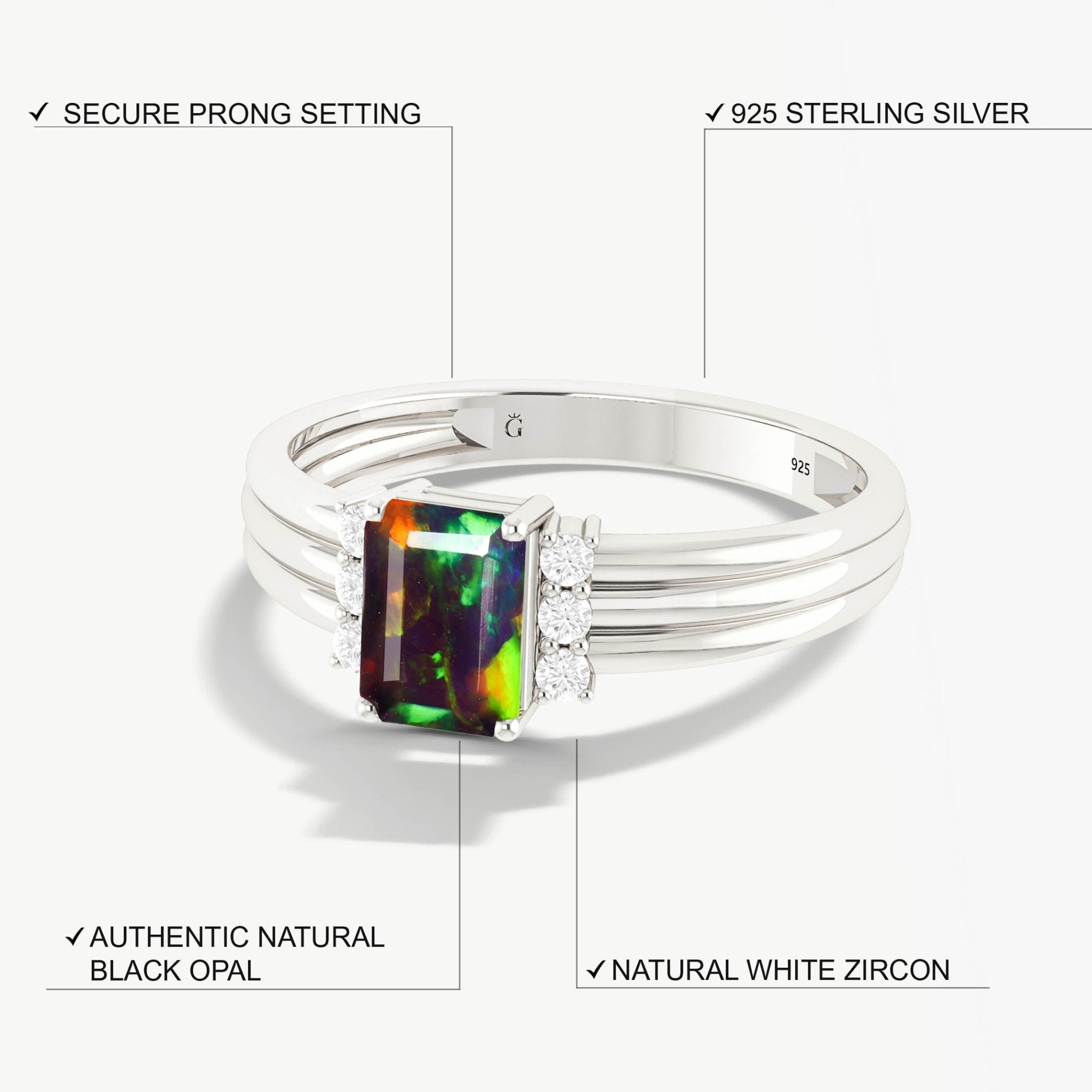 Octagon Shape Natural Black Opal Three Layer Wedding Ring - Goodstone Jewels