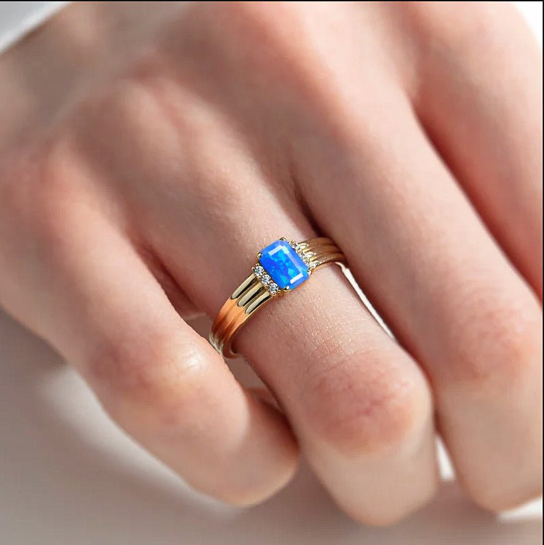 Octagon Shape Natural Blue Opal Three Layer Wedding Ring - Goodstone Jewels