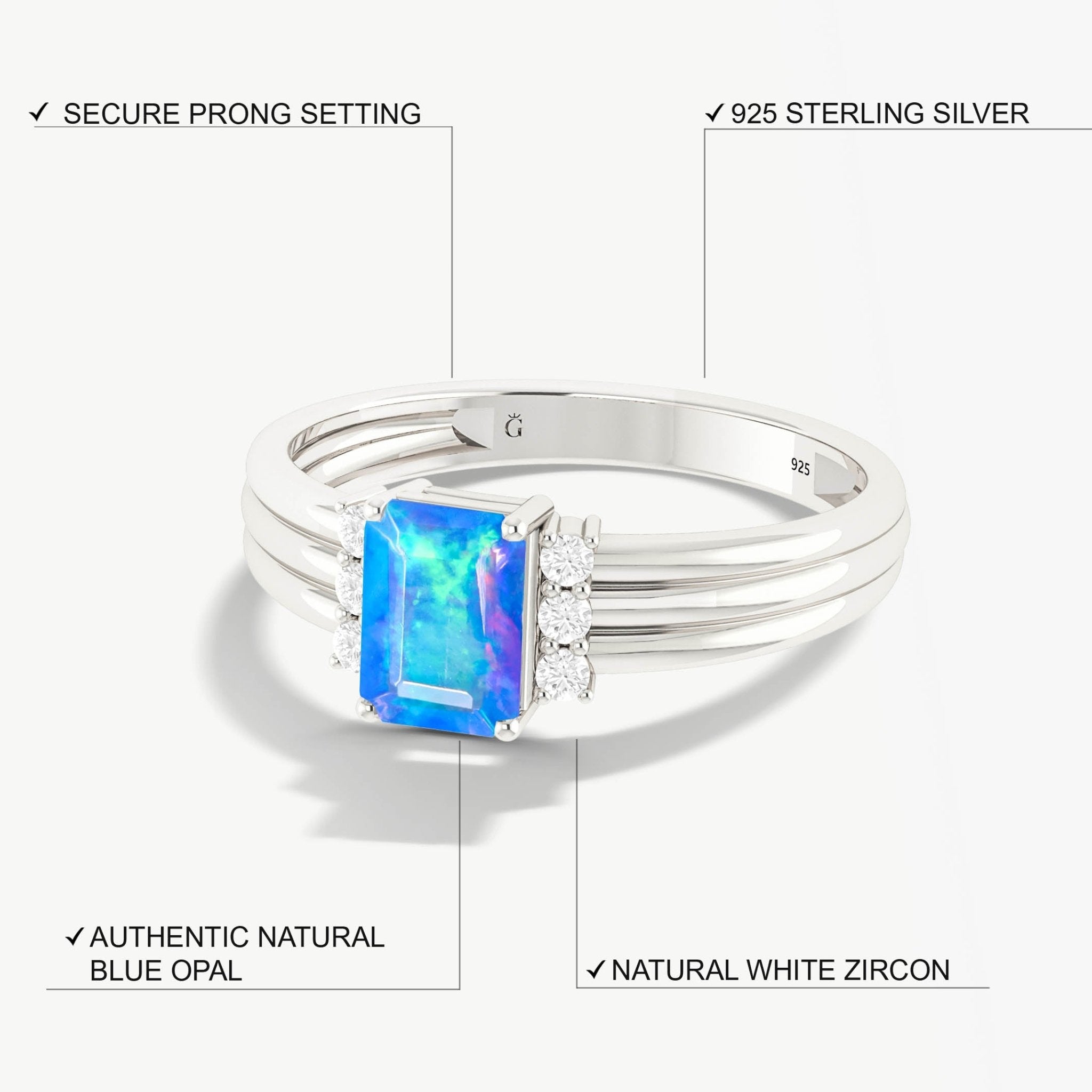 Octagon Shape Natural Blue Opal Three Layer Wedding Ring - Goodstone Jewels