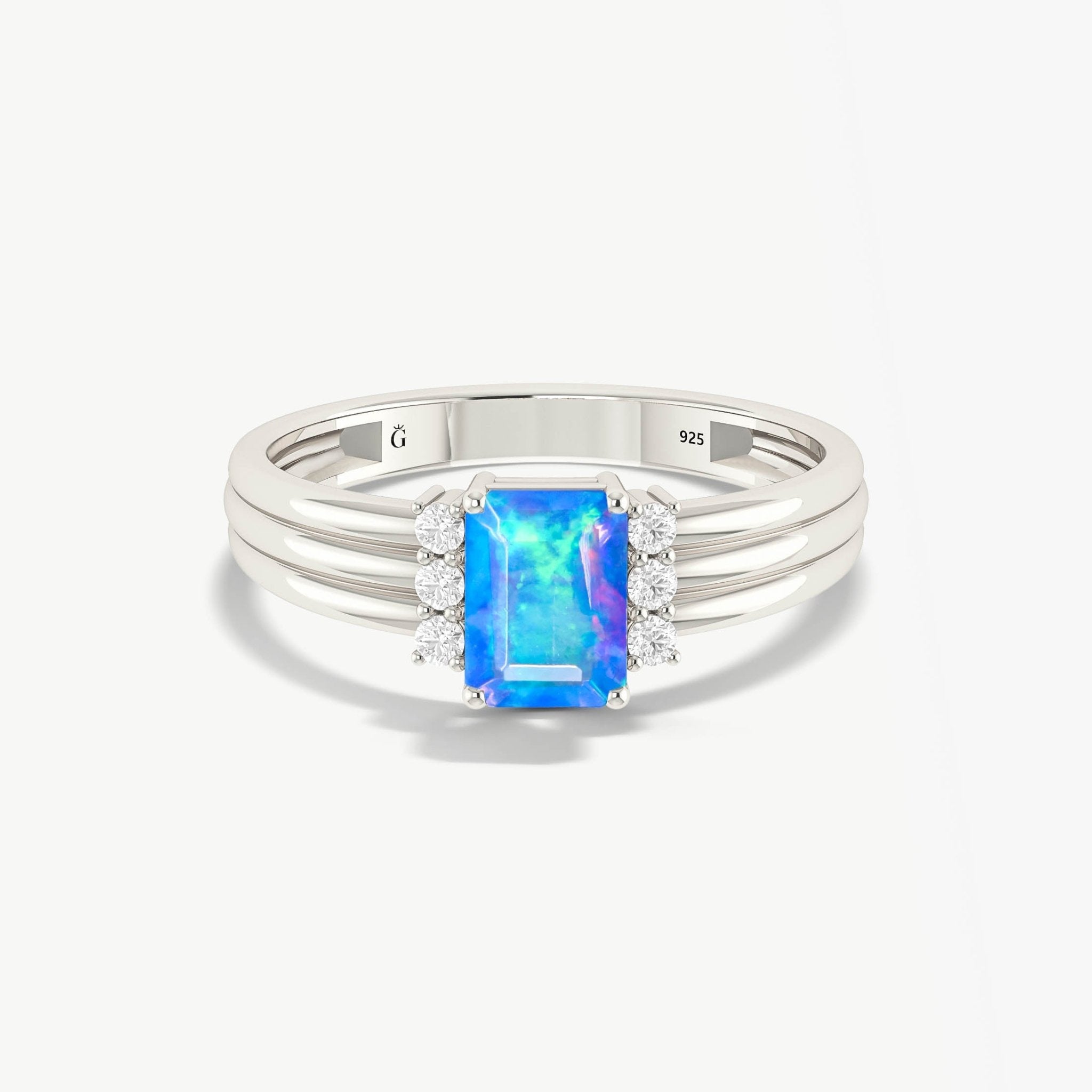Octagon Shape Natural Blue Opal Three Layer Wedding Ring - Goodstone Jewels