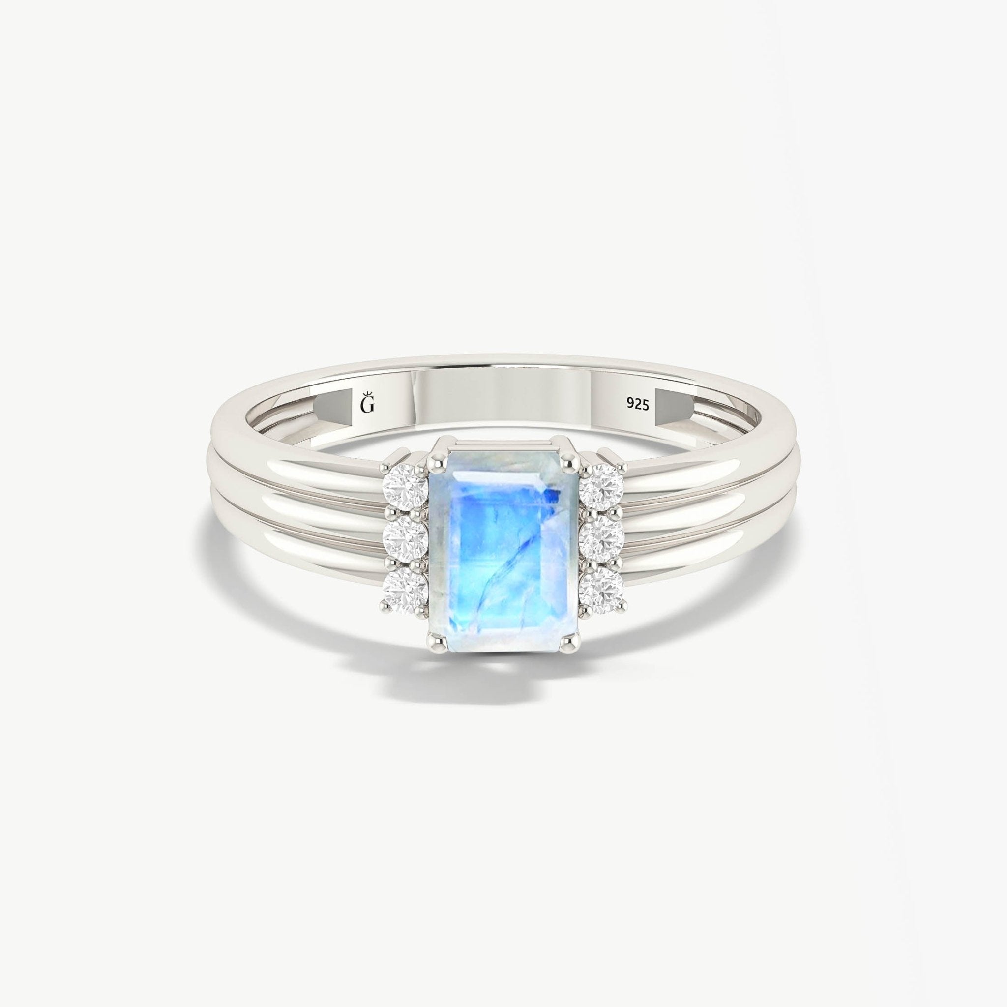 Octagon Shape Natural Moonstone Three Layer Wedding Ring - Goodstone Jewels