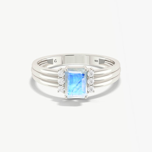 Moonstone Sterling Silver Designer Wedding Ring - Octagon Design