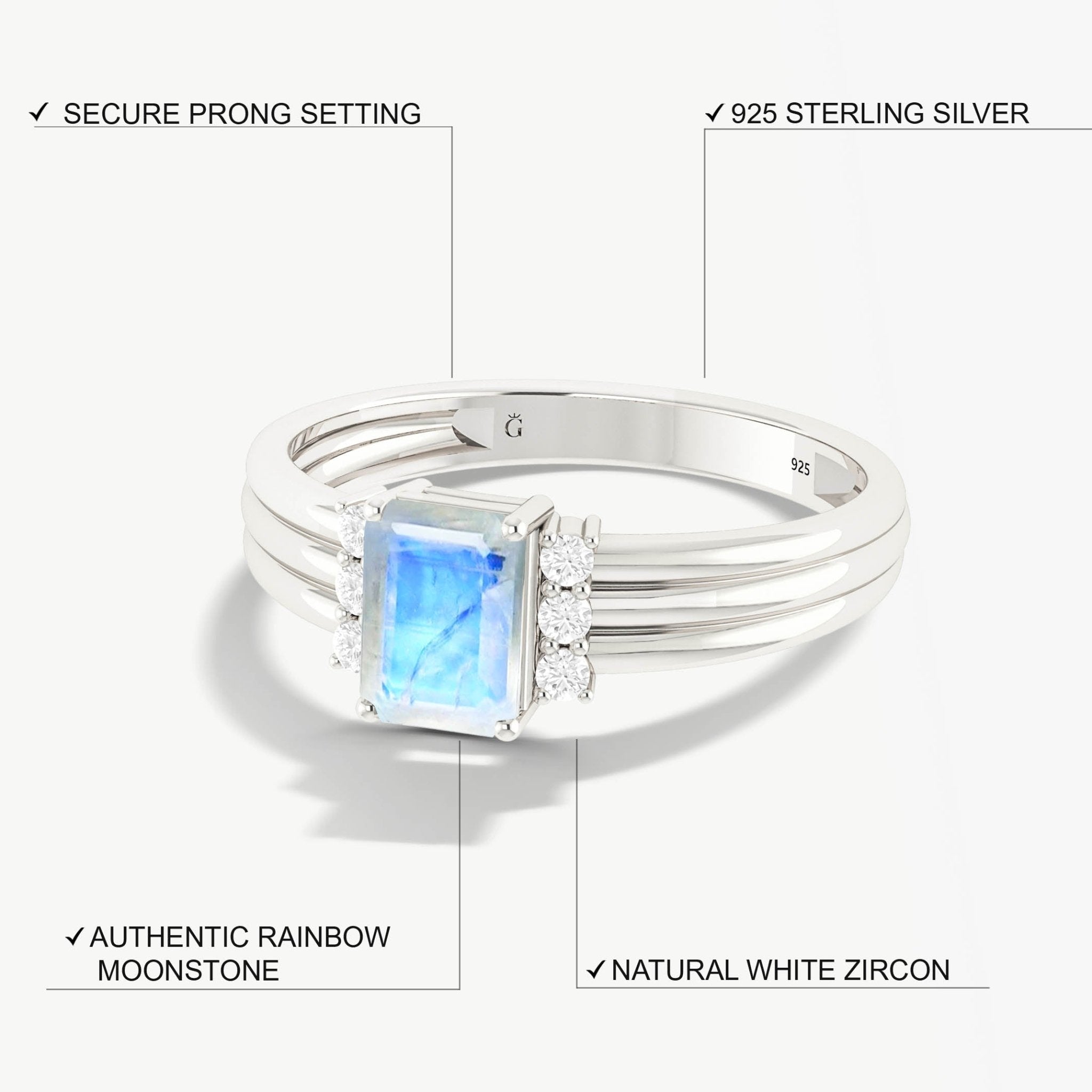 Octagon Shape Natural Moonstone Three Layer Wedding Ring - Goodstone Jewels