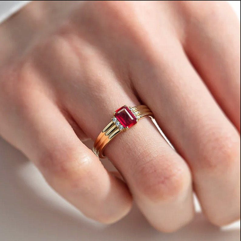 Octagon Shape Natural Ruby Three Layer Wedding Ring - Goodstone Jewels
