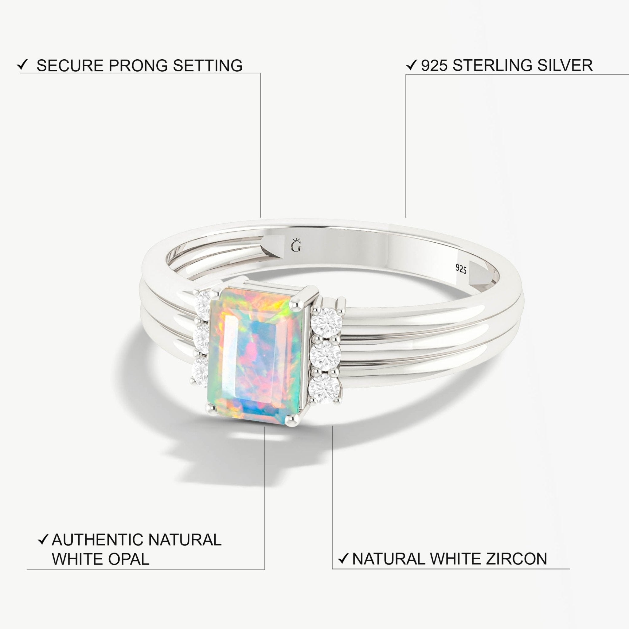 Octagon Shape Natural White Opal Three Layer Wedding Ring - Goodstone Jewels