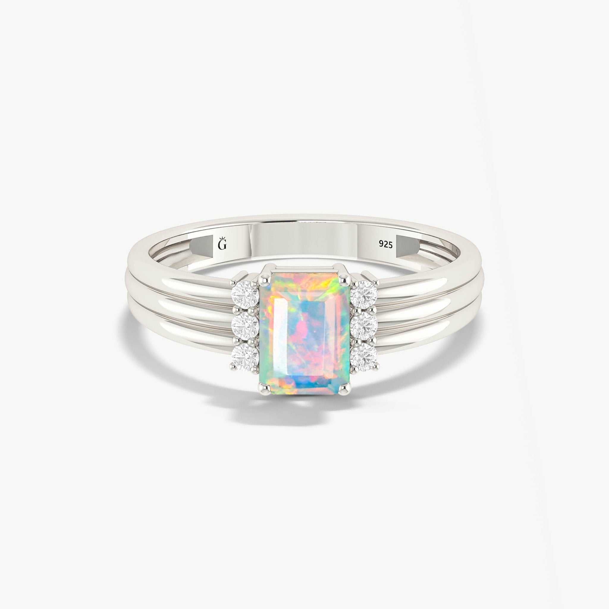 Octagon Shape Natural White Opal Three Layer Wedding Ring - Goodstone Jewels