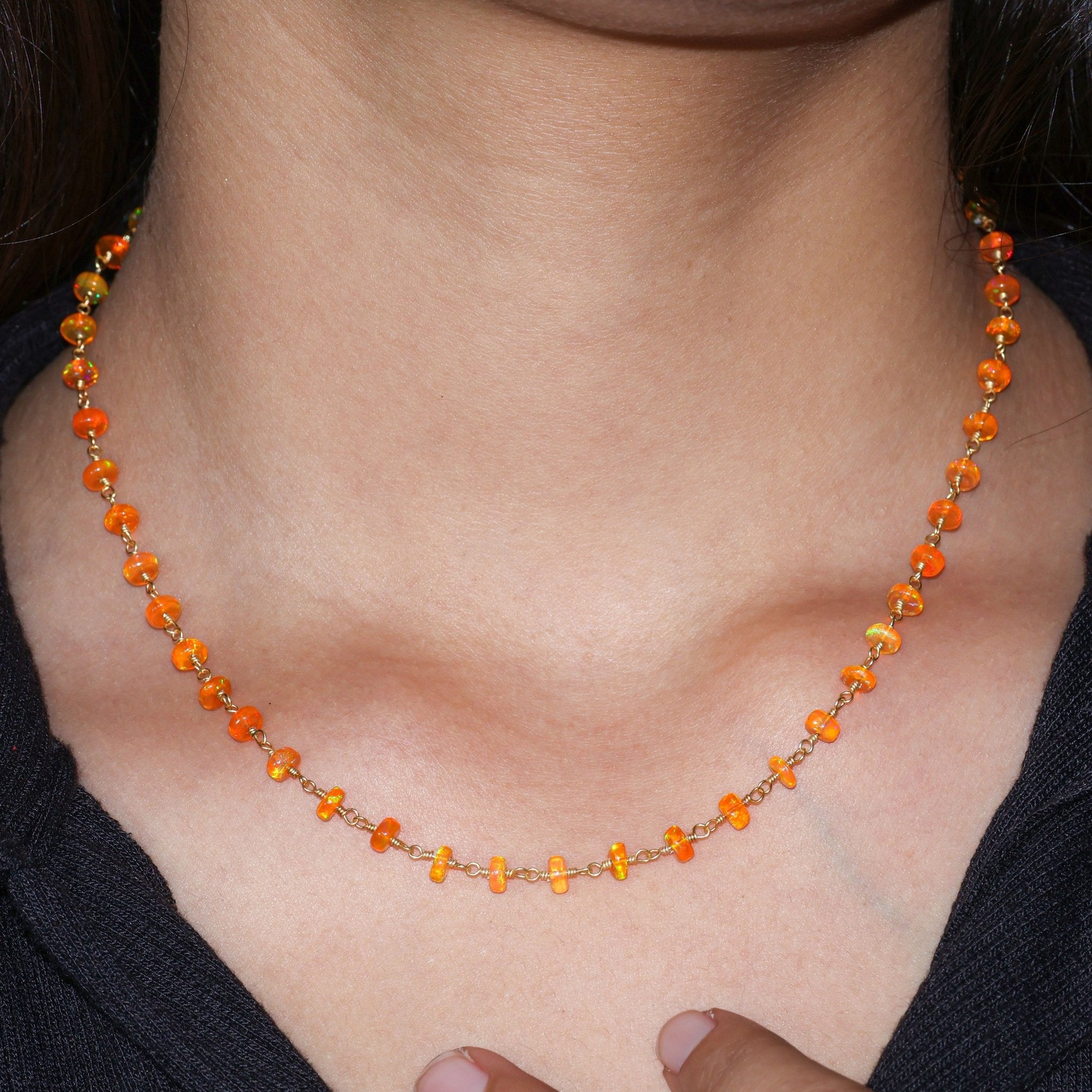 Orange fire Ethiopian opal wire wrap chain beads necklace - Goodstone Jewels