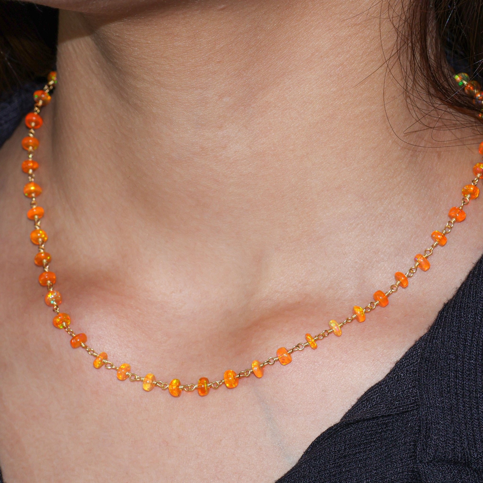 Orange fire Ethiopian opal wire wrap chain beads necklace - Goodstone Jewels