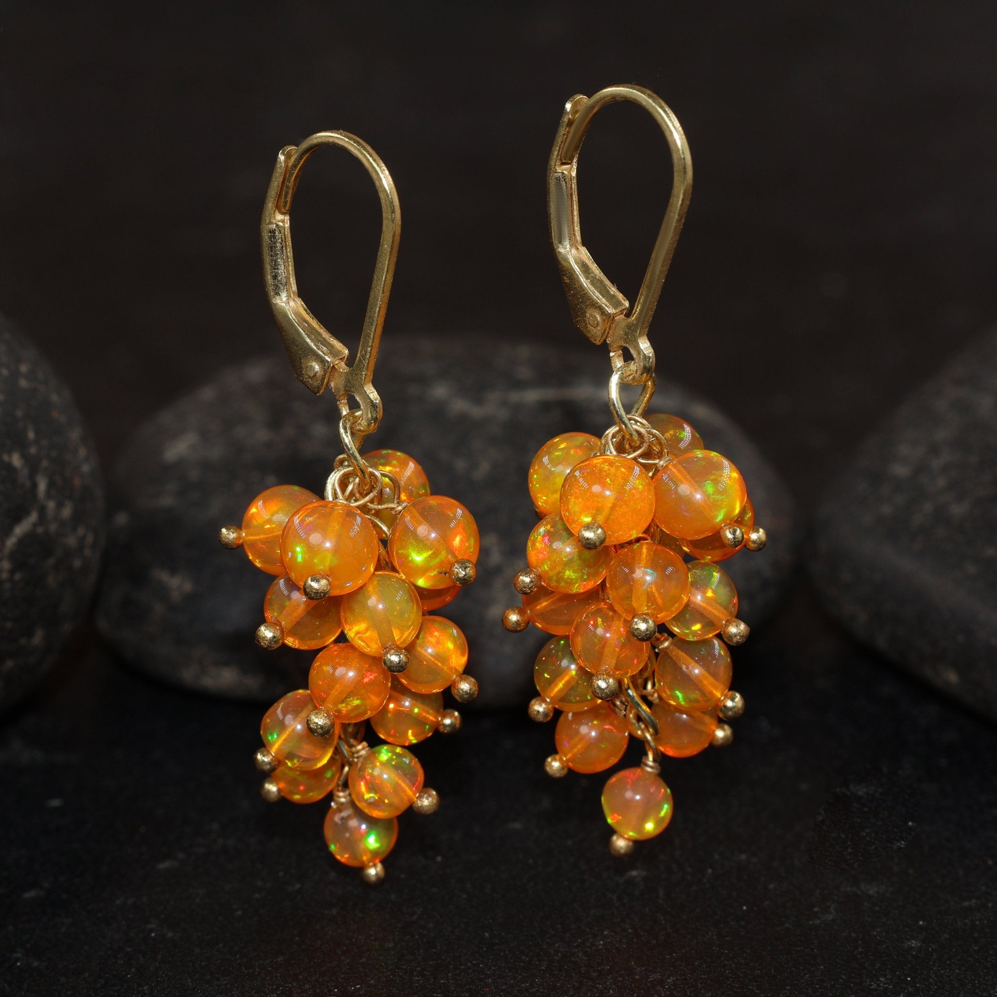 Orange Fire Opal Round Beads Cluster Earrings for Her - Goodstone Jewels