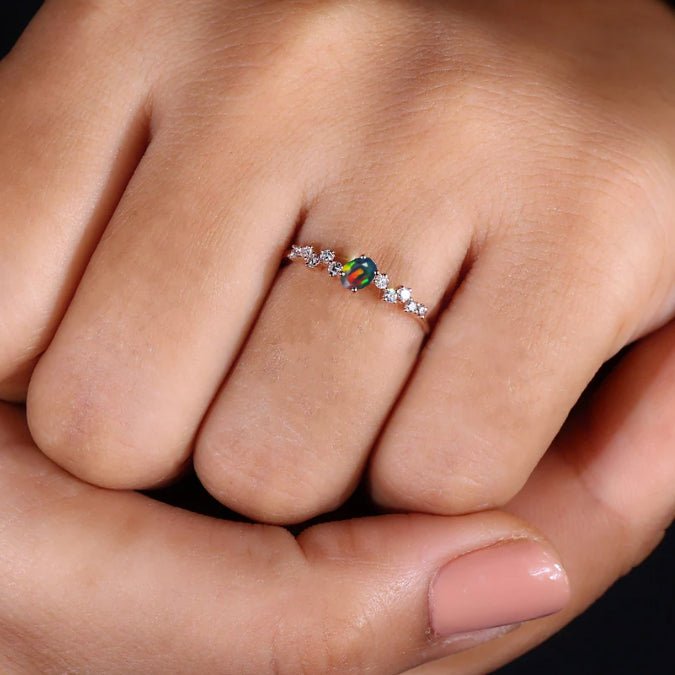 Oval Shape 6X4 MM Natural Black Opal Engagement Ring - Goodstone Jewels