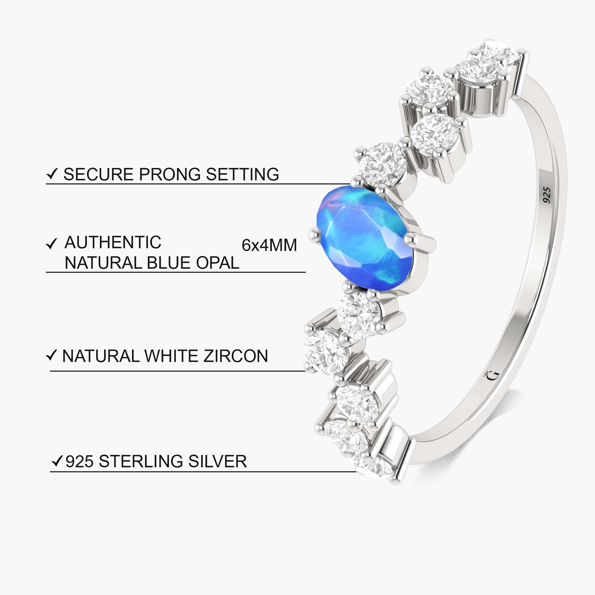 Oval Shape 6X4 MM Natural Blue Opal Engagement Ring - Goodstone Jewels