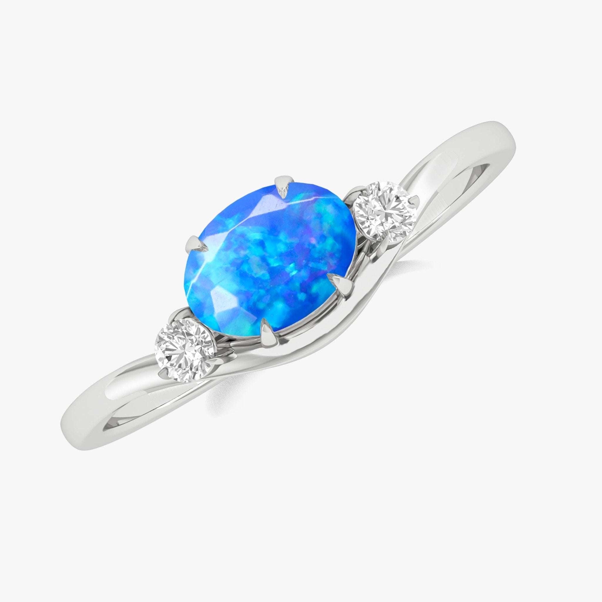 Oval Shape 7X5 MM Natural Blue Opal Three Stone Ring - Goodstone Jewels