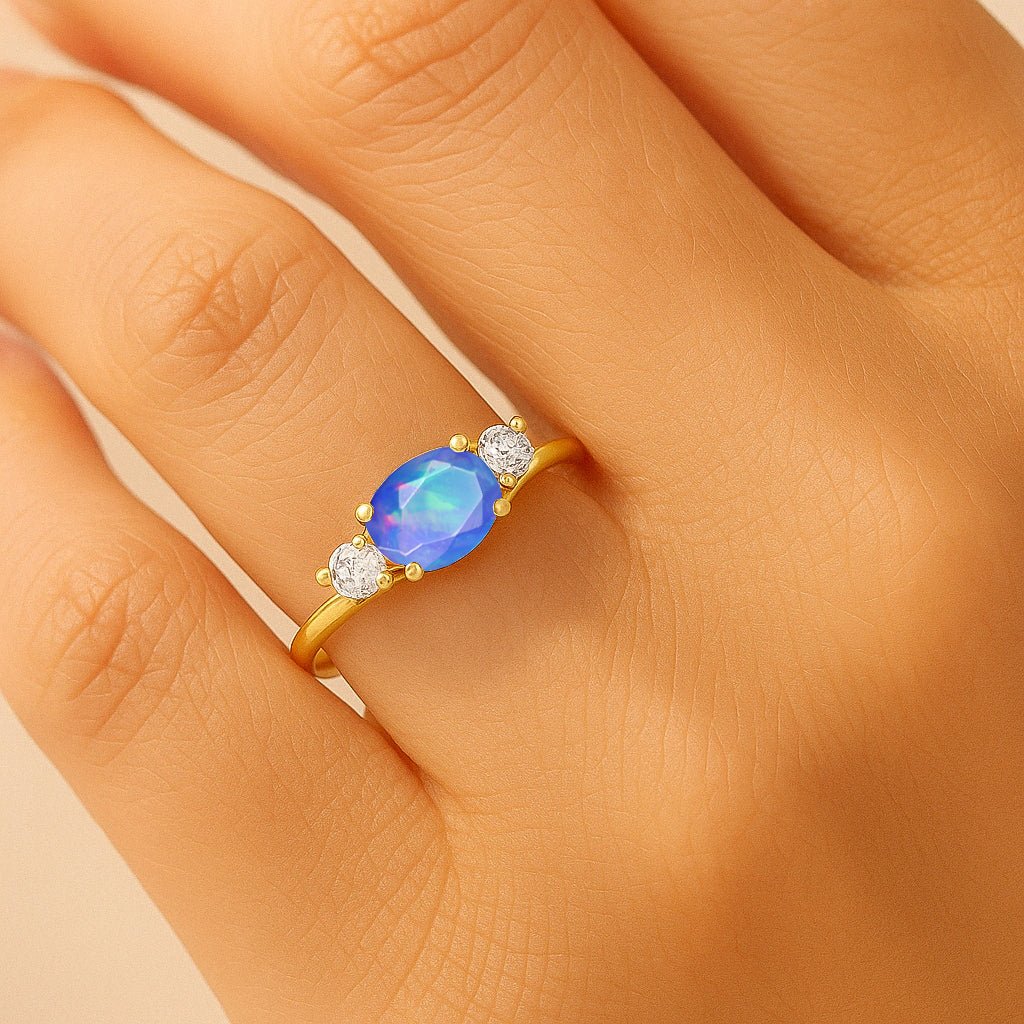 Oval Shape 7X5 MM Natural Blue Opal Three Stone Ring - Goodstone Jewels