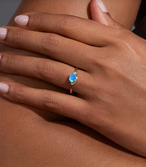 Oval Shape 7X5 MM Natural Blue Opal Three Stone Ring - Goodstone Jewels