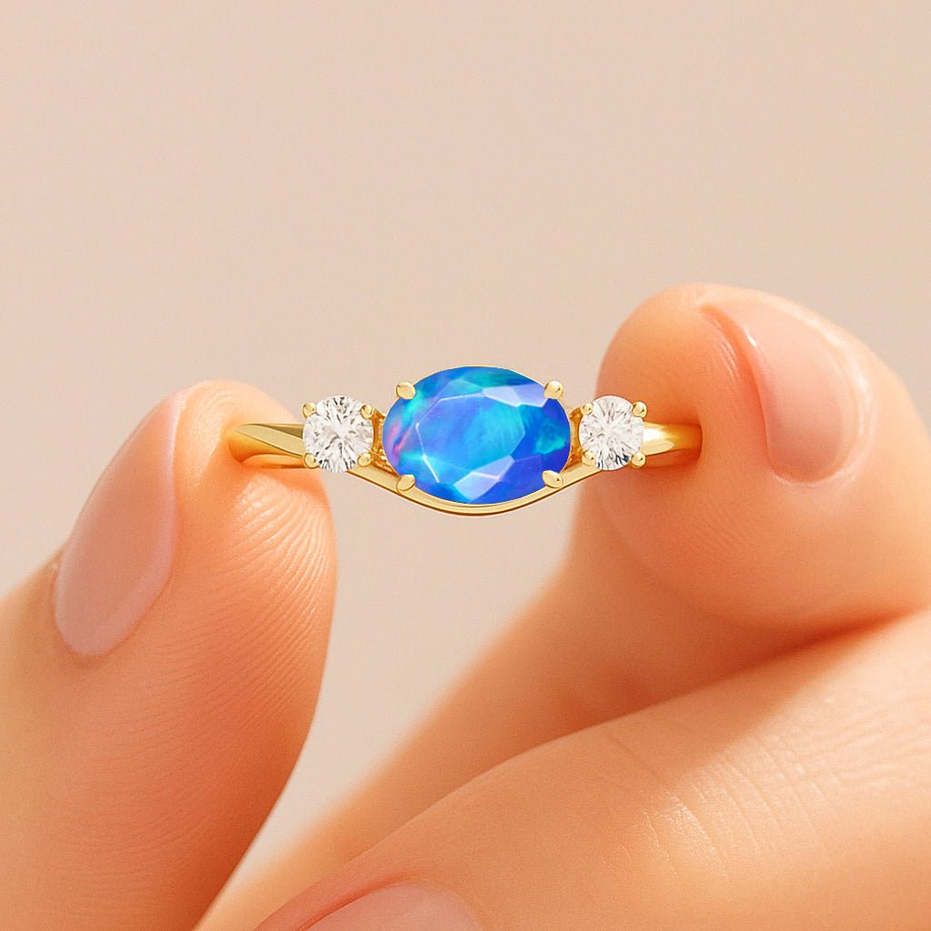 Oval Shape 7X5 MM Natural Blue Opal Three Stone Ring - Goodstone Jewels