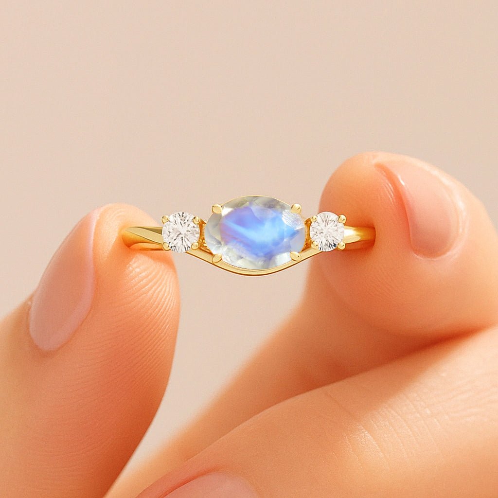 Oval Shape 7X5 MM Natural Moonstone Three Stone Ring - Goodstone Jewels