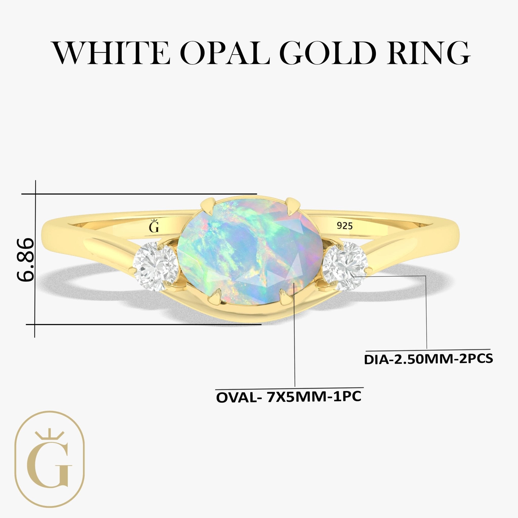 Oval Shape 7X5 MM Natural White Opal Three Stone Ring - Goodstone Jewels