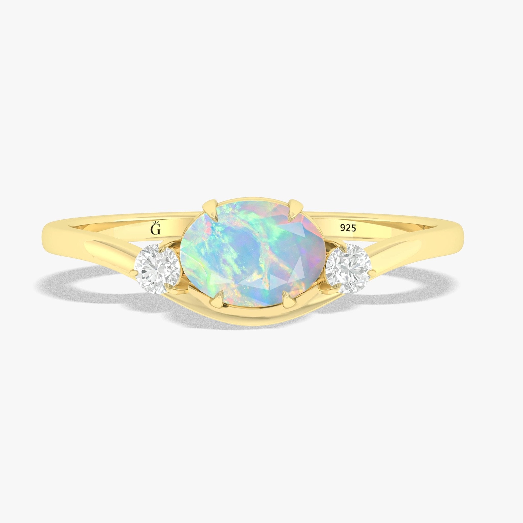 Oval Shape 7X5 MM Natural White Opal Three Stone Ring - Goodstone Jewels