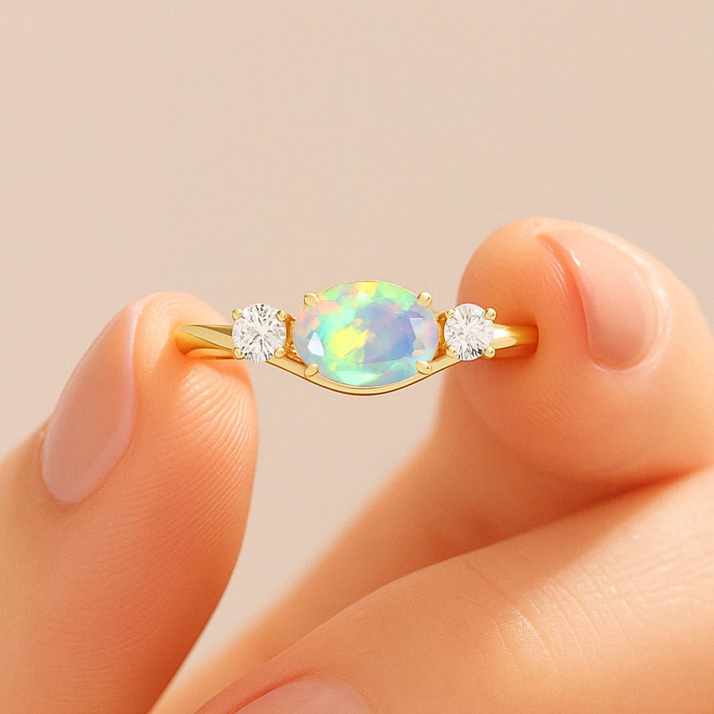 Oval Shape 7X5 MM Natural White Opal Three Stone Ring - Goodstone Jewels