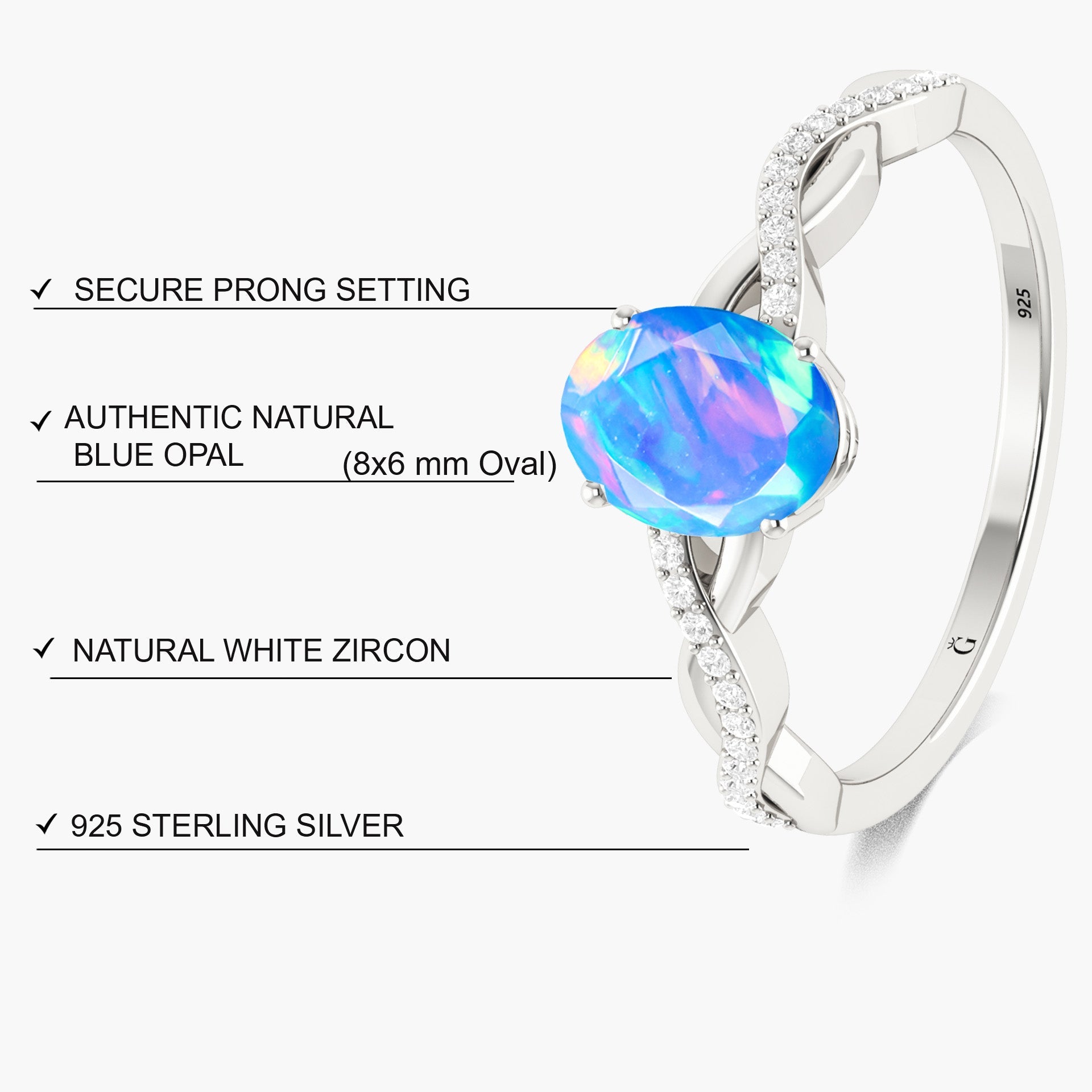 Oval Shape 8X6 MM Natural Blue Opal Crossover Statement Ring - Goodstone Jewels