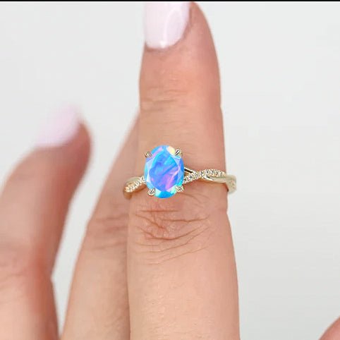 Oval Shape 8X6 MM Natural Blue Opal Crossover Statement Ring - Goodstone Jewels