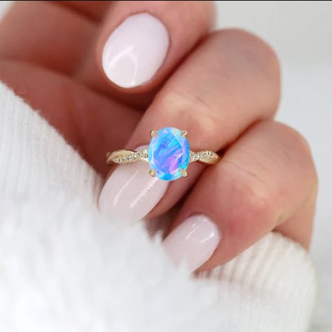 Oval Shape 8X6 MM Natural Blue Opal Crossover Statement Ring - Goodstone Jewels